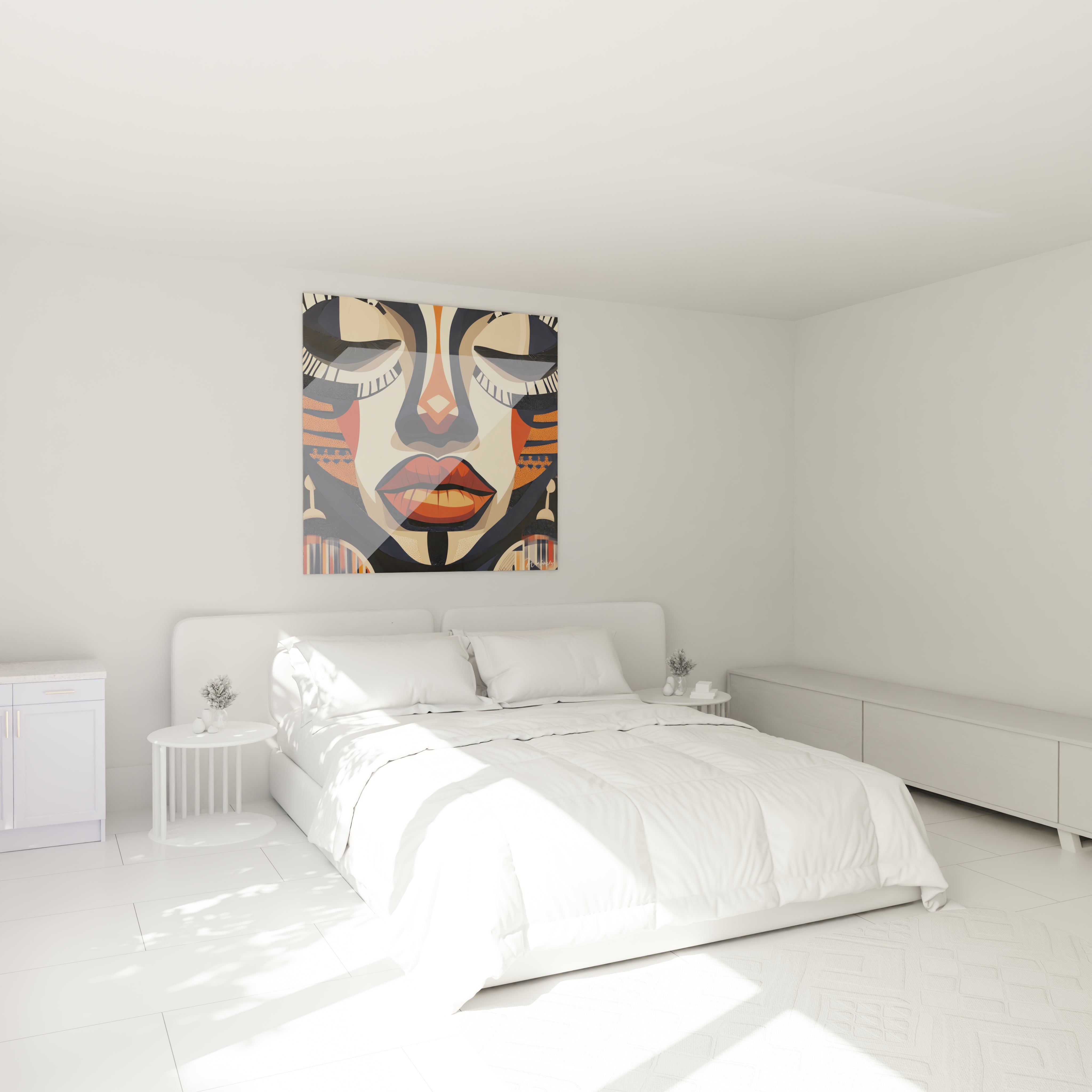 Tableau africain mural Walensky représentant des animaux aquatiques accroché dans une chambre lumineuse au décor blanc