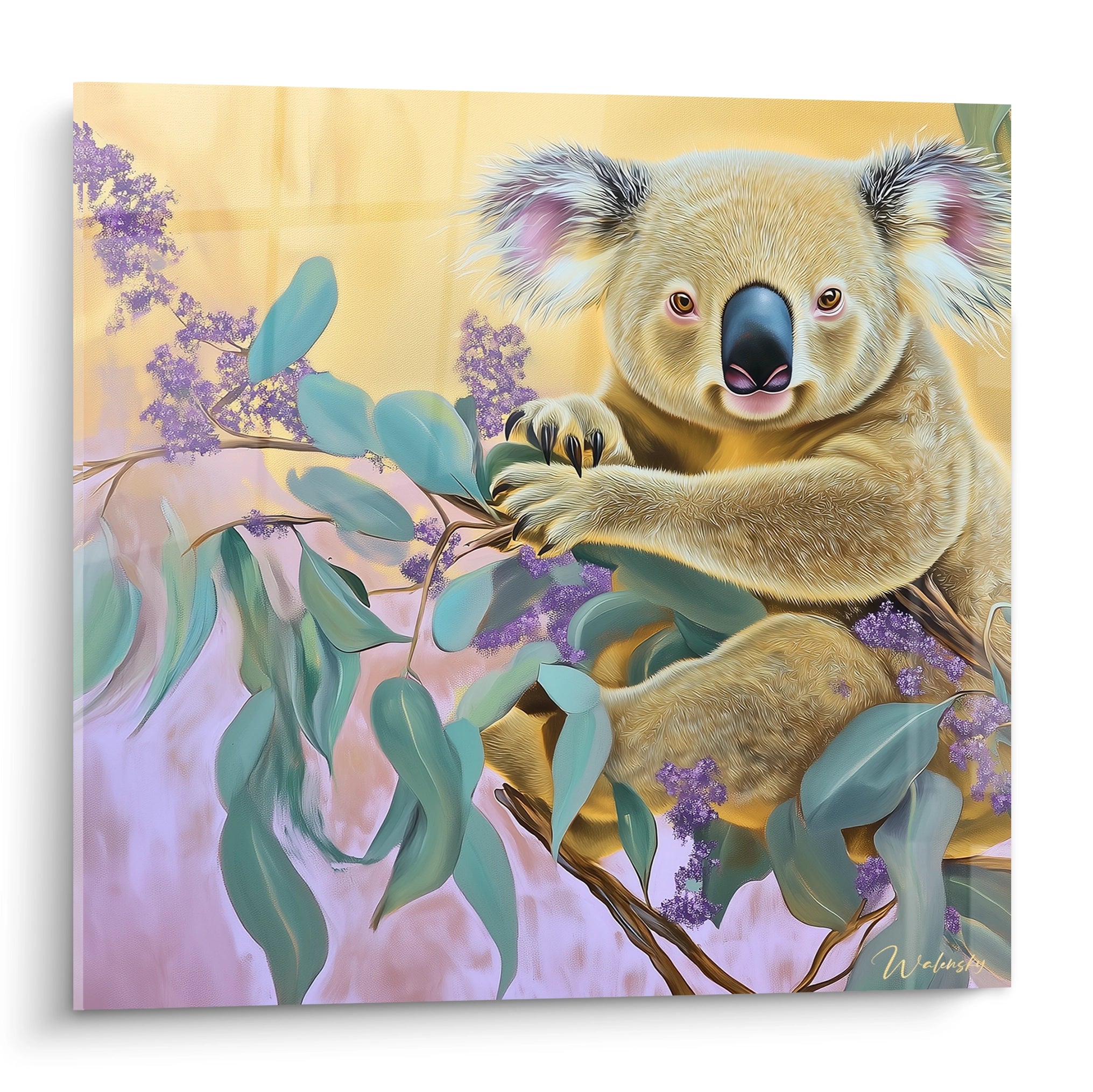 Tableau koala de Walensky représentant un koala sur une branche avec des feuilles et des fleurs violettes