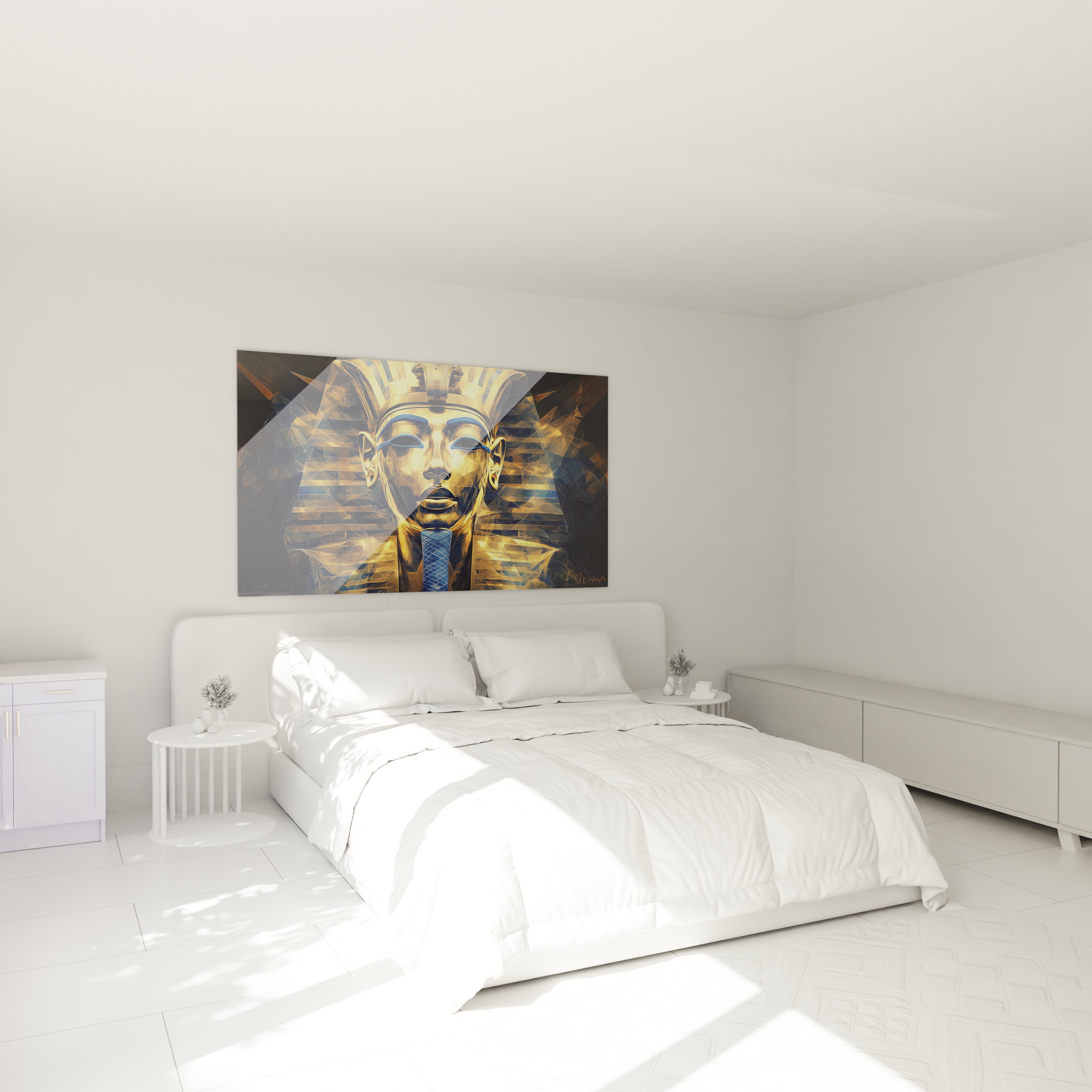 Tableau Egypte mural décoratif doré avec portrait de pharaon dans une chambre minimaliste blanche