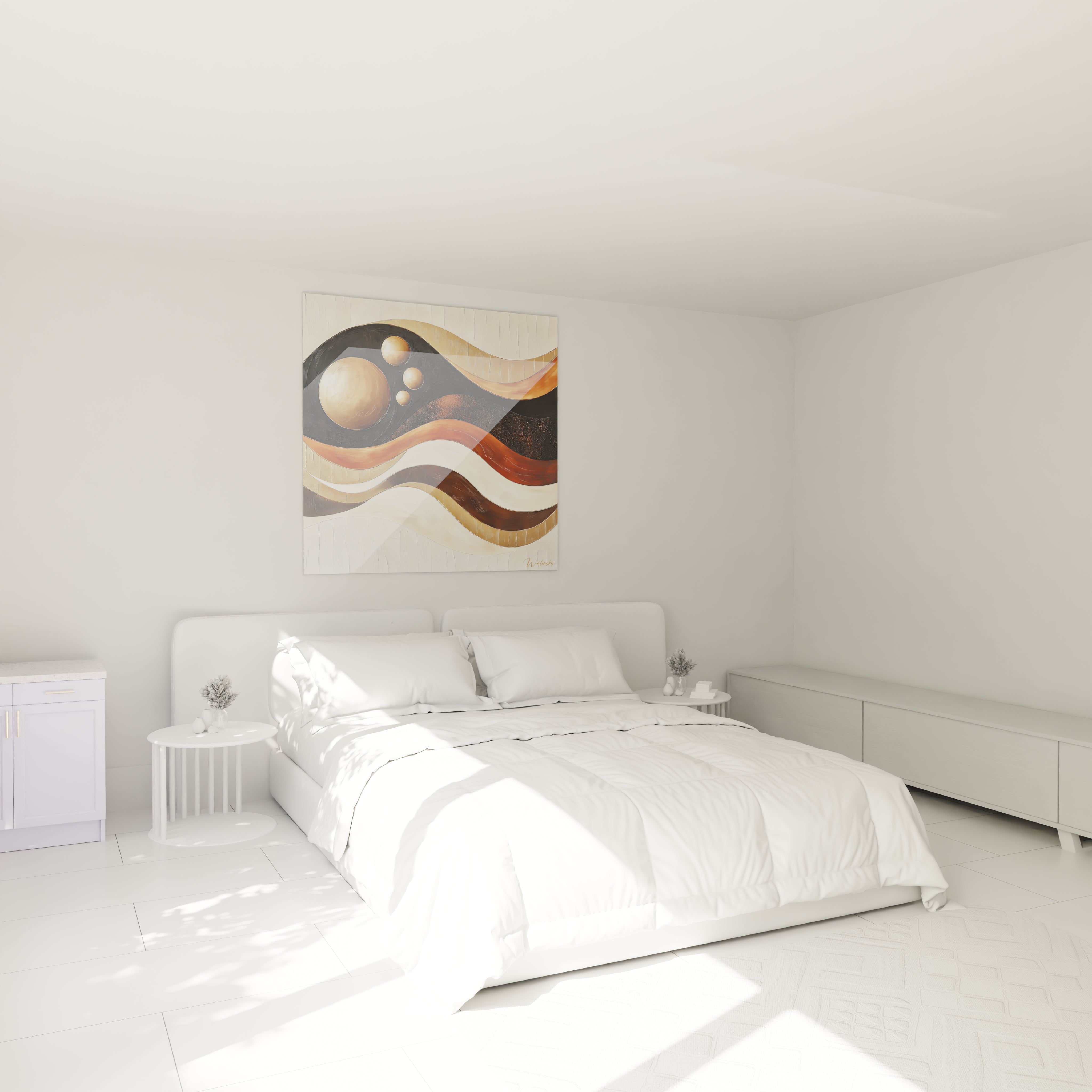 Tableau africain mural Walensky aux motifs abstraits marron et beige dans chambre blanche moderne