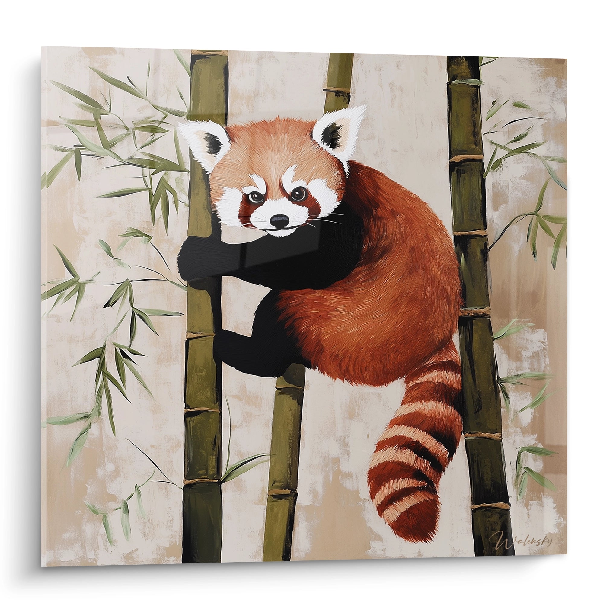 Tableau panda roux accroché à des bambous sur fond beige signé Walensky