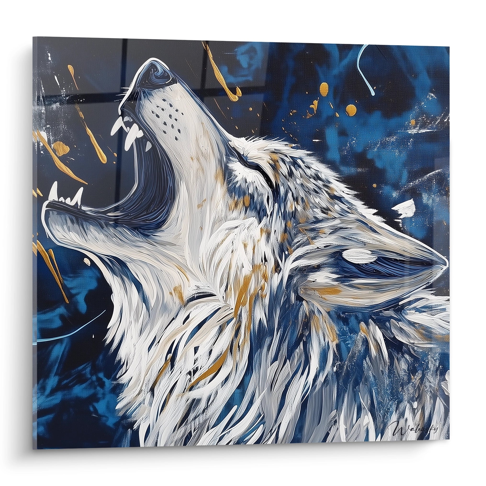 Tableau loup Walensky représentant un loup hurlant avec des touches de bleu et d'or