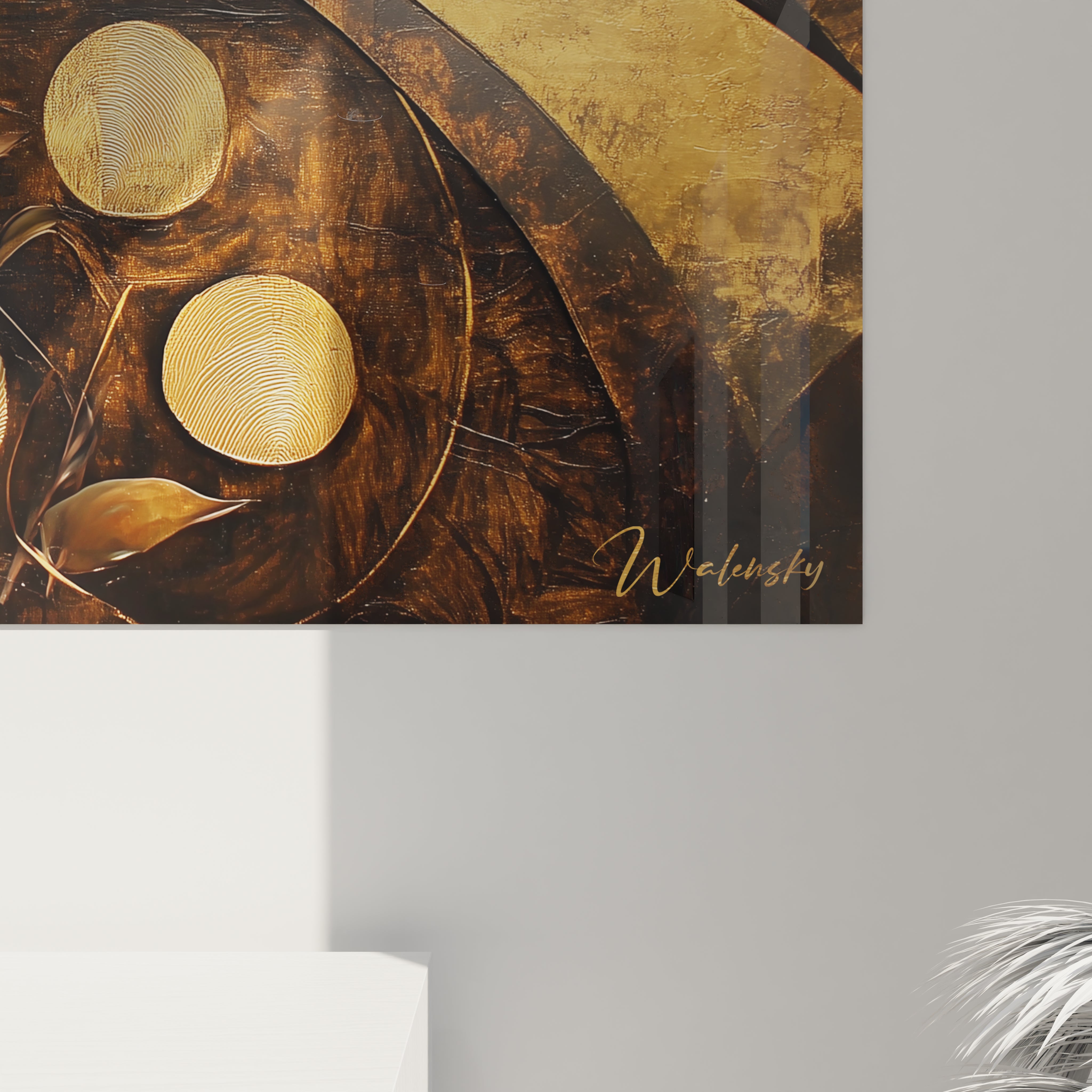 Tableau africain mural Walensky avec motifs dorés et bruns pour décoration intérieure élégante