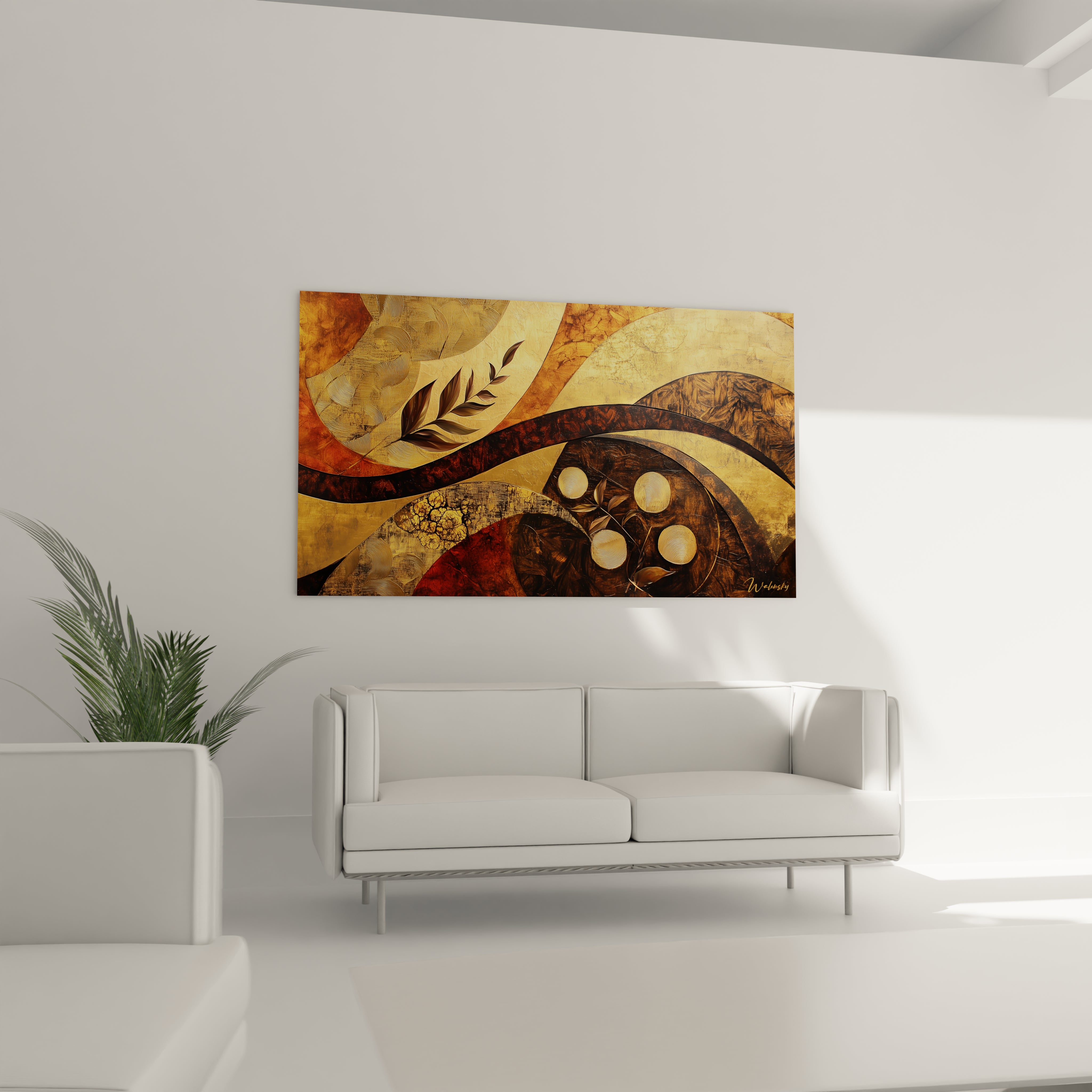 Tableau africain mural abstrait de Walensky avec motifs dorés et bruns décorant un salon moderne blanc