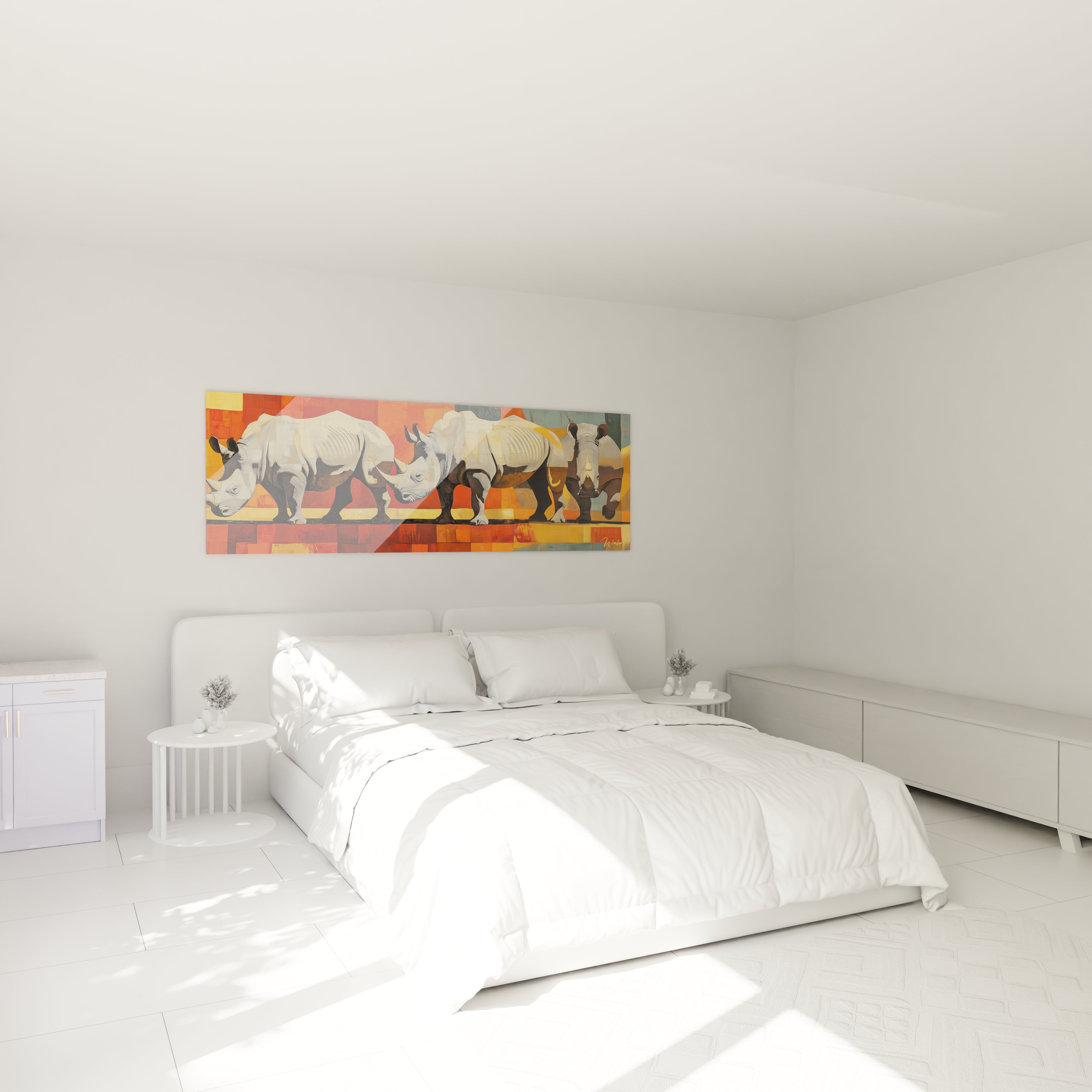 Tableau rhinocéros coloré Walensky accroché au-dessus d'un lit blanc dans une chambre lumineuse