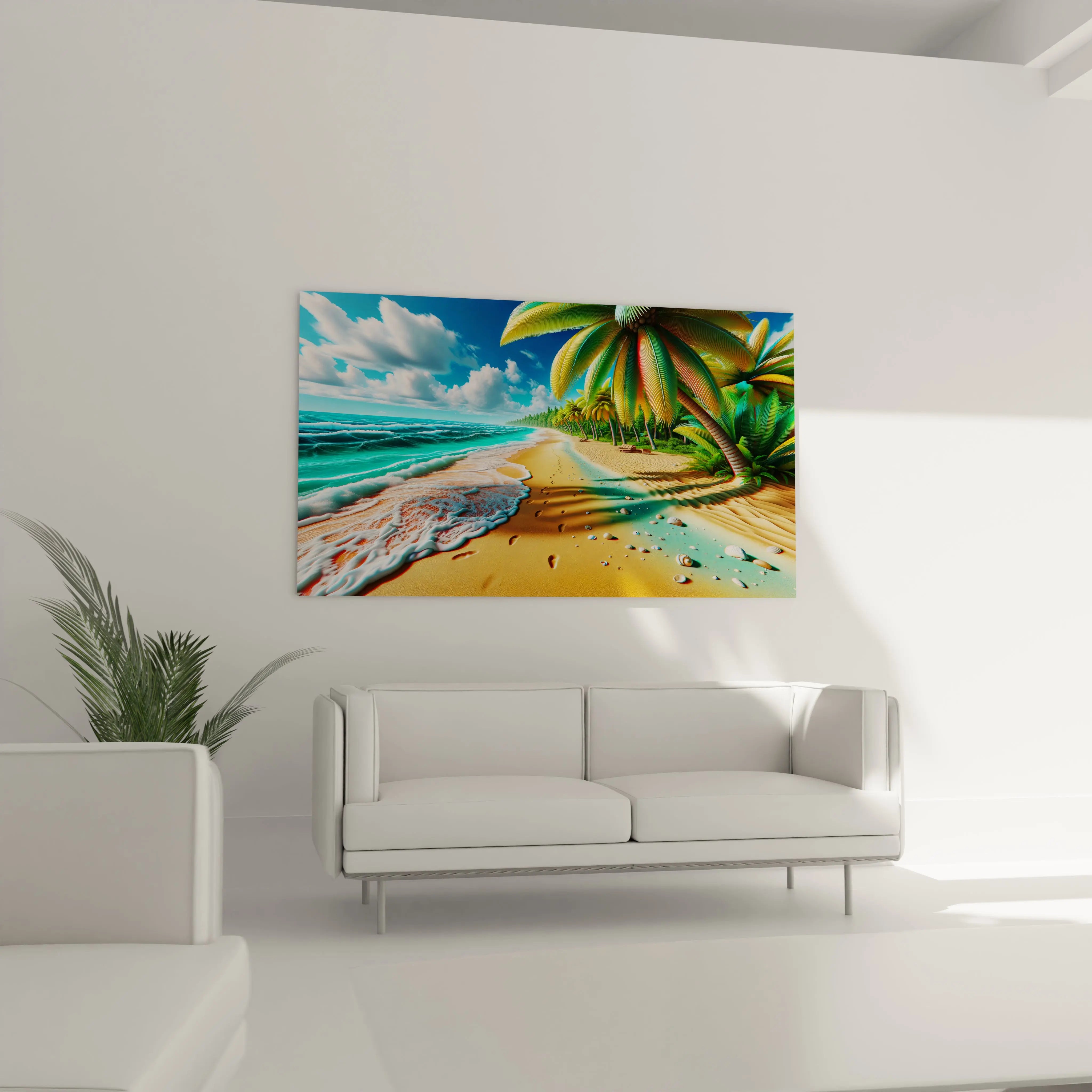 "Art mural en acrylique palmiers, scène sereine et éclatante de bord de mer."