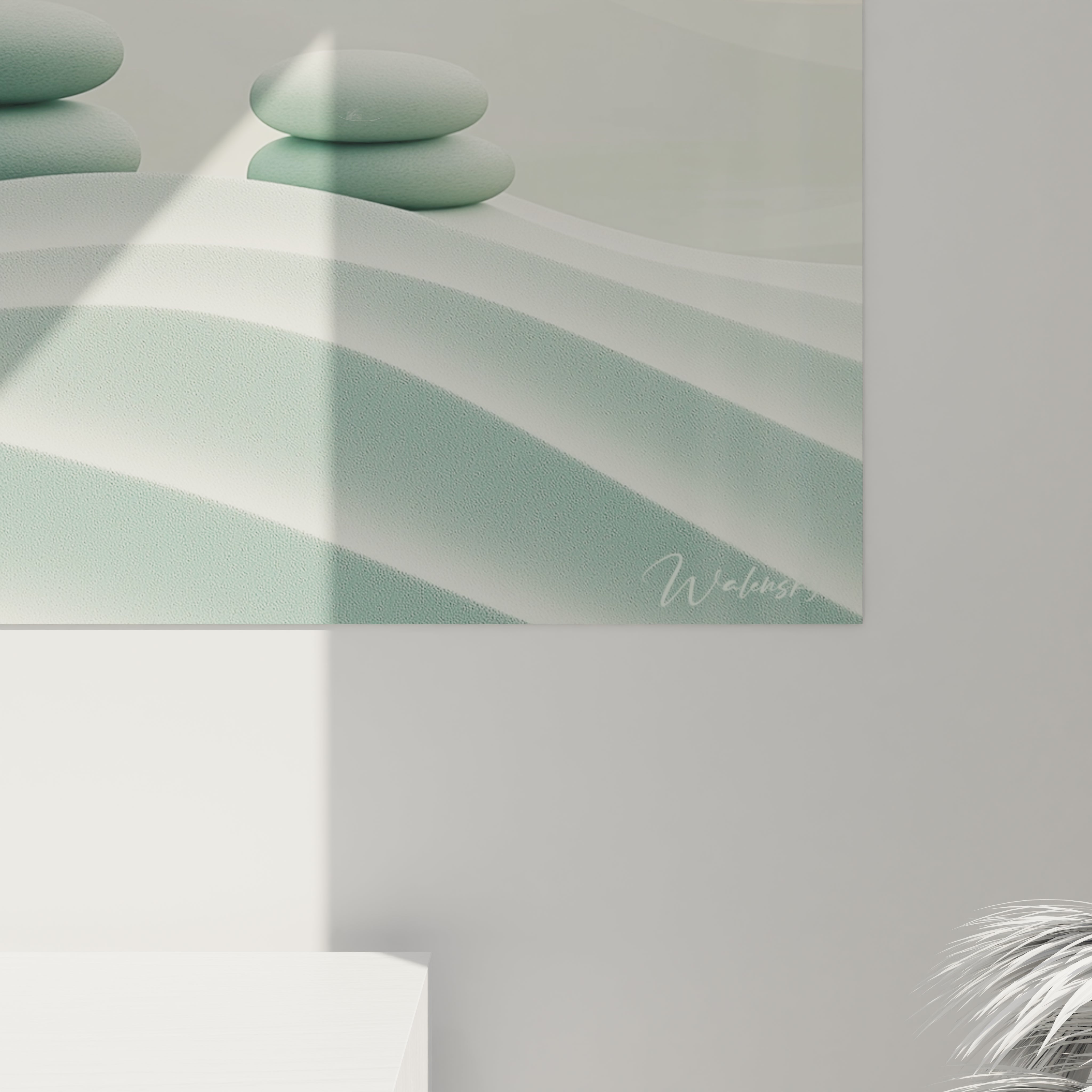 Un tableau paysage apaisant représentant une scène minimaliste avec des pierres empilées sur des dunes stylisées, dans une palette harmonieuse de turquoise pâle et de beige chaud, où les transitions chromatiques créent un effet de profondeur sereine.

