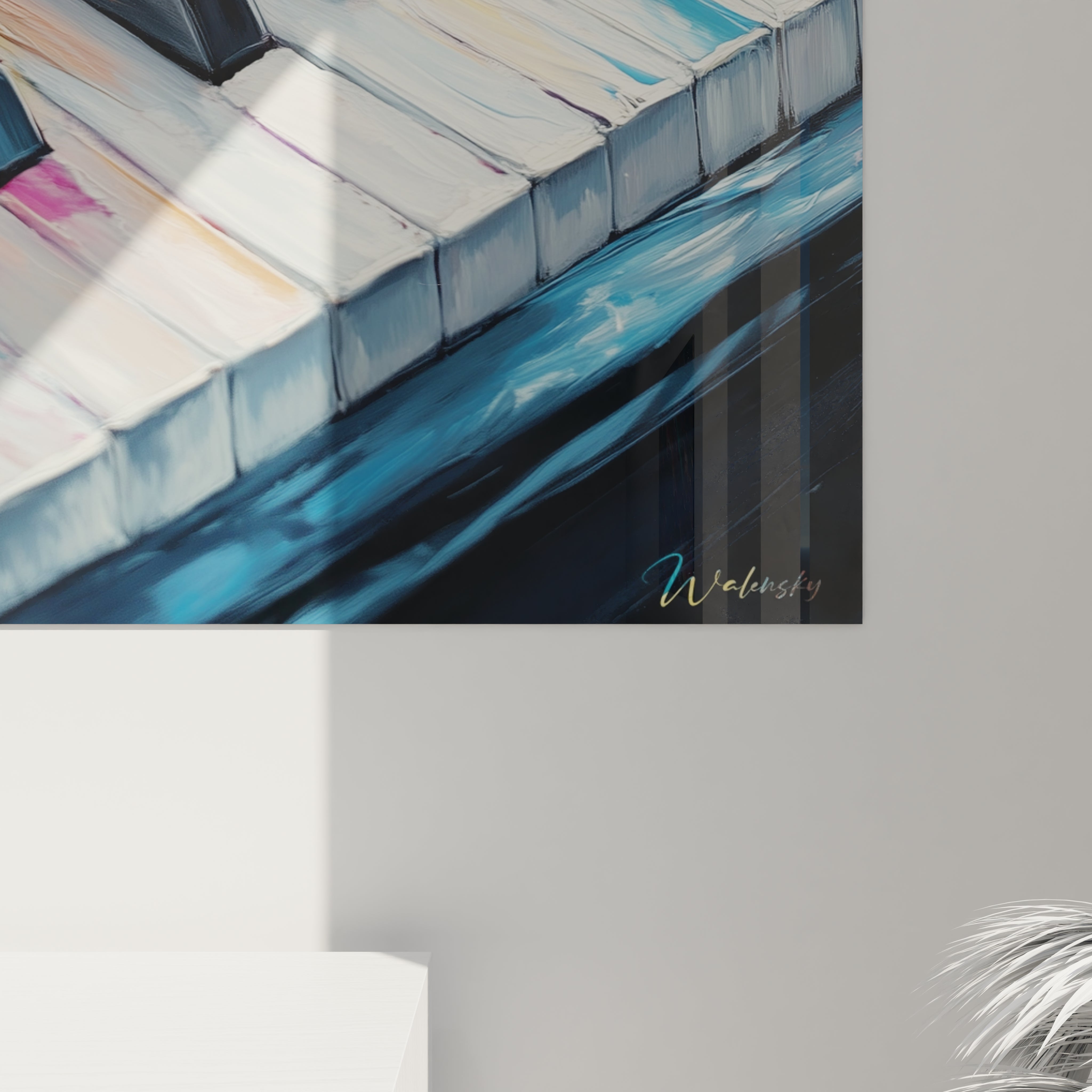 Un tableau expressionniste d'un piano avec clavier blanc et noir en premier plan, duquel émergent des vagues colorées fluides en bleu, rose et orange, rendues avec des textures prononcées et des transitions chromatiques délicates.
