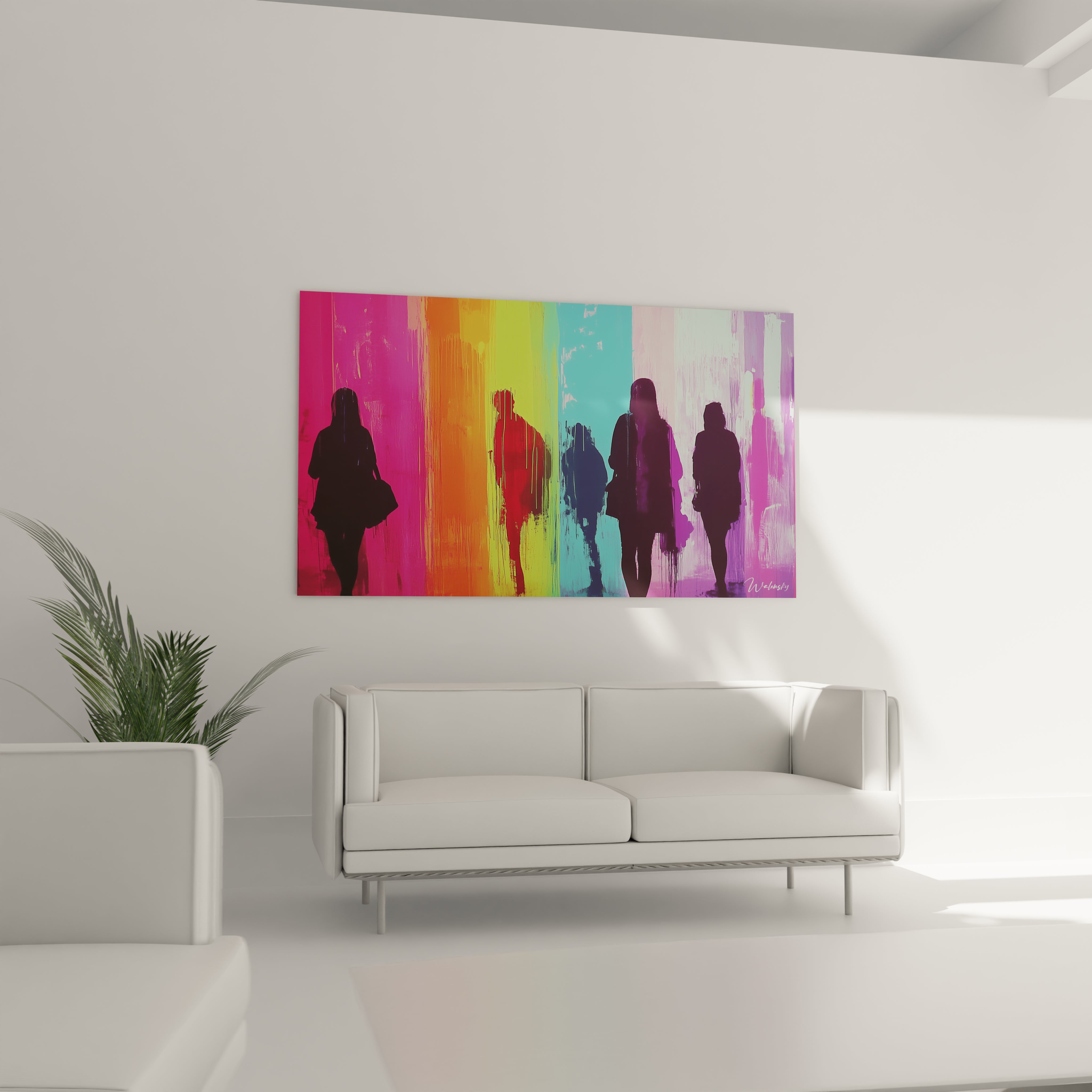 Tableau de figures anonymes se détachant comme des ombres noires sur une palette multicolore vibrante, composée de rose, orange, jaune, turquoise et violet, avec des effets de transparence et des textures expressives.

