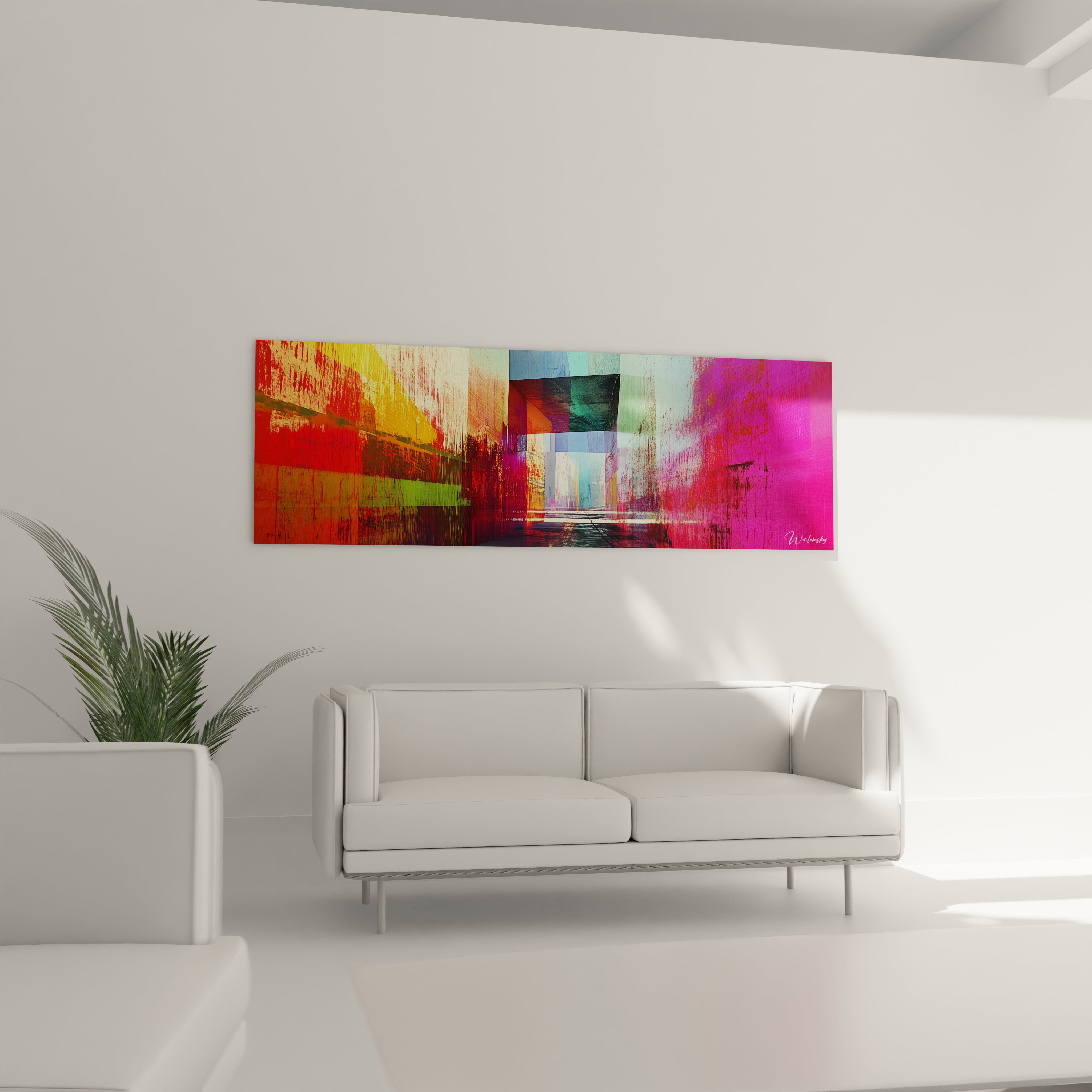 Un tableau perspective abstrait formant un passage architectural illuminé, où se superposent des plans colorés en rouge, violet, vert et bleu, avec des effets de transparence et des textures verticales créant une profondeur tridimensionnelle.
