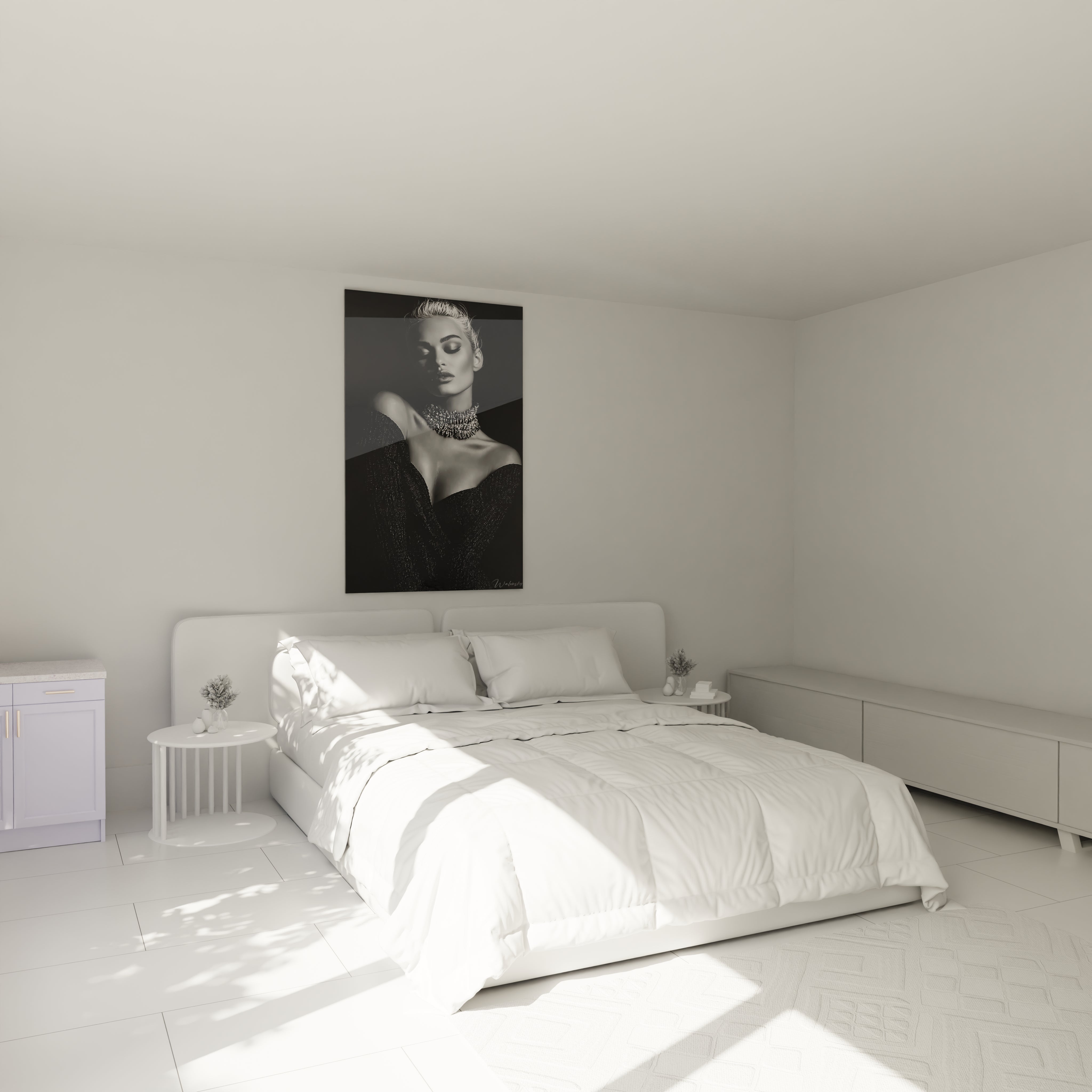 Tableau portrait femme noir et blanc accroché dans une chambre moderne et lumineuse