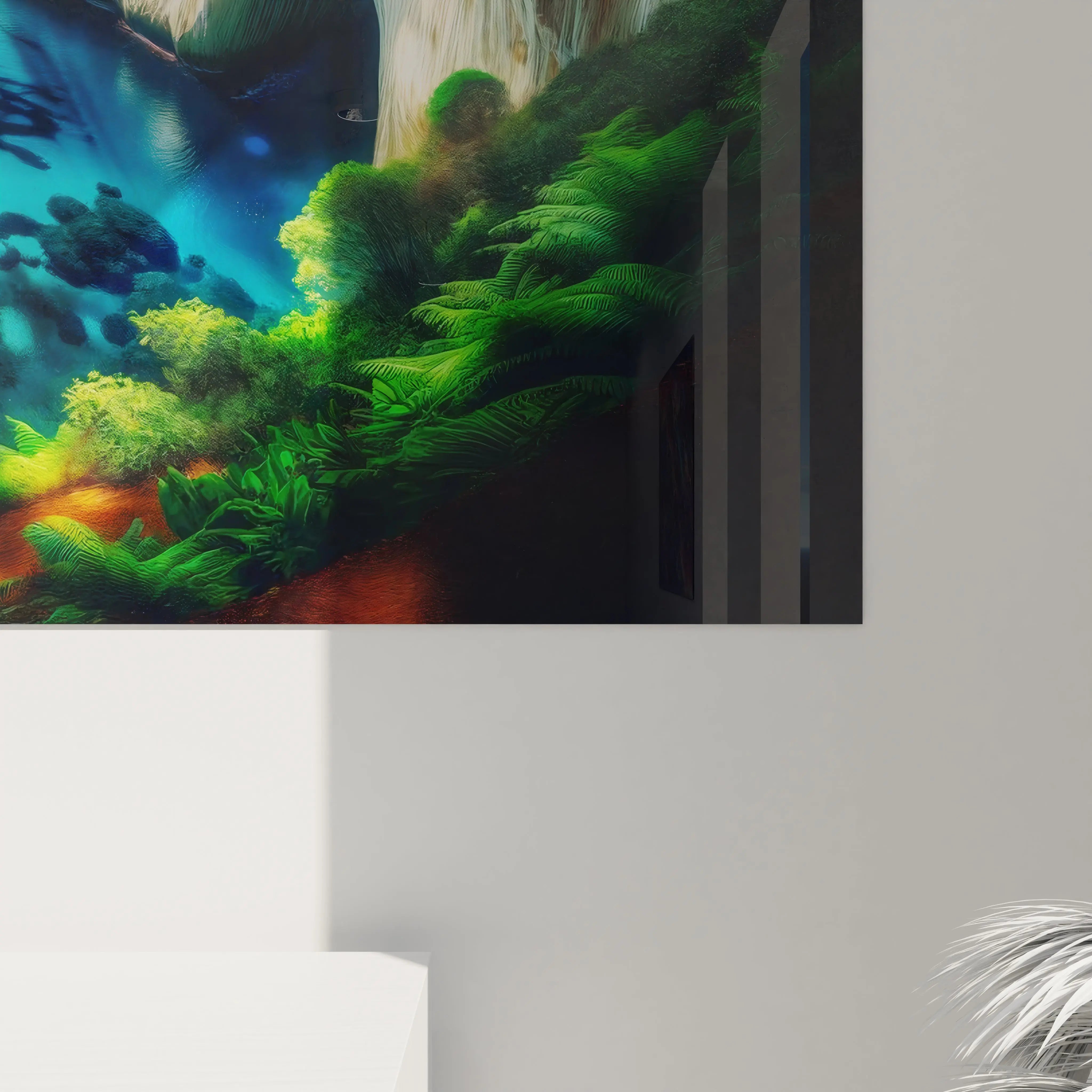 Illustration détaillée d'une oasis sereine sous des feuillages, avec des jeux de lumière accentués par le verre acrylique.