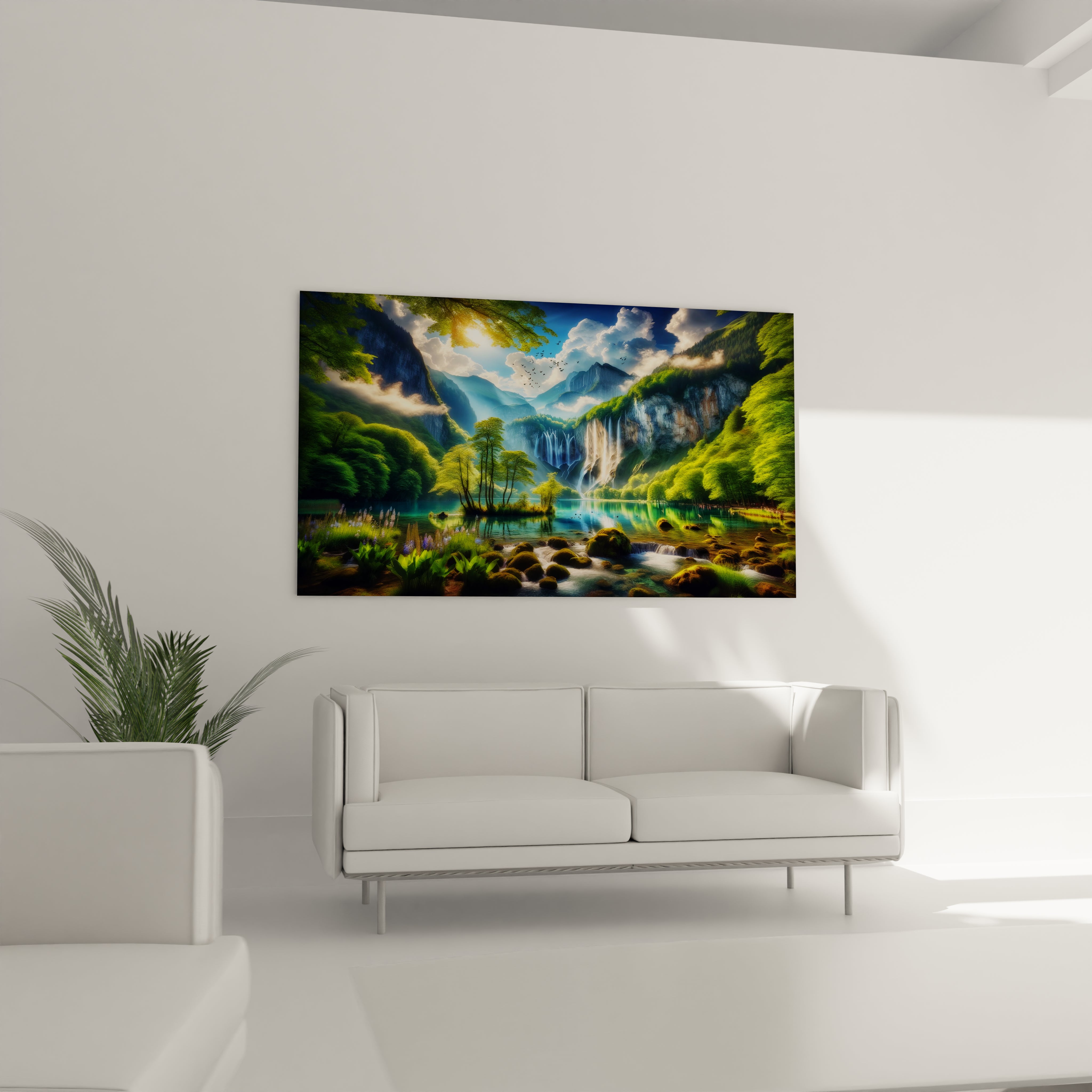 Tableau décoratif en acrylique avec des cascades et une végétation dense, ajoutant une touche naturelle.