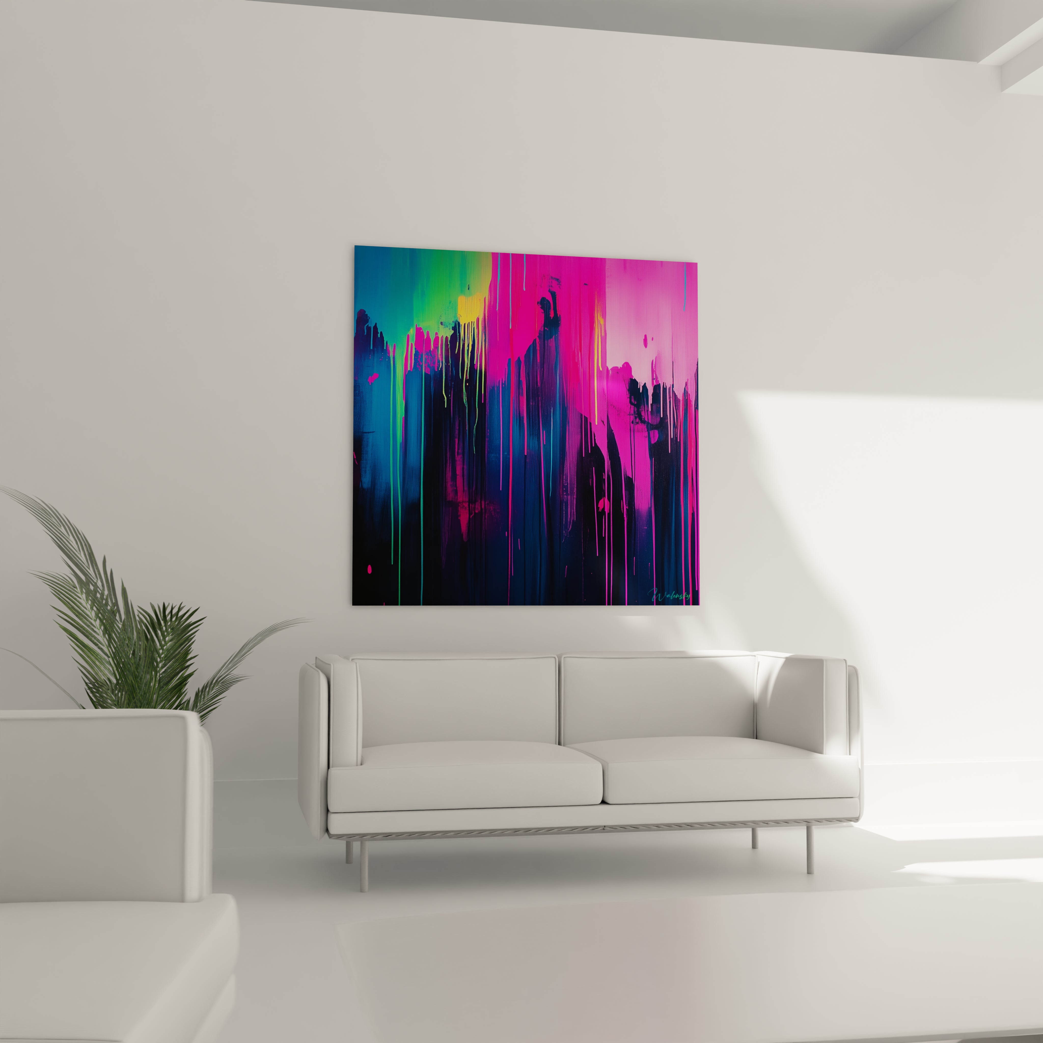 Un tableau abstrait contemporain caractérisé par une technique de dripping vertical maîtrisé, où les pigments roses et bleus s'écoulent en créant un mouvement dynamique, renforcé par des accents de vert et jaune fluorescents.
