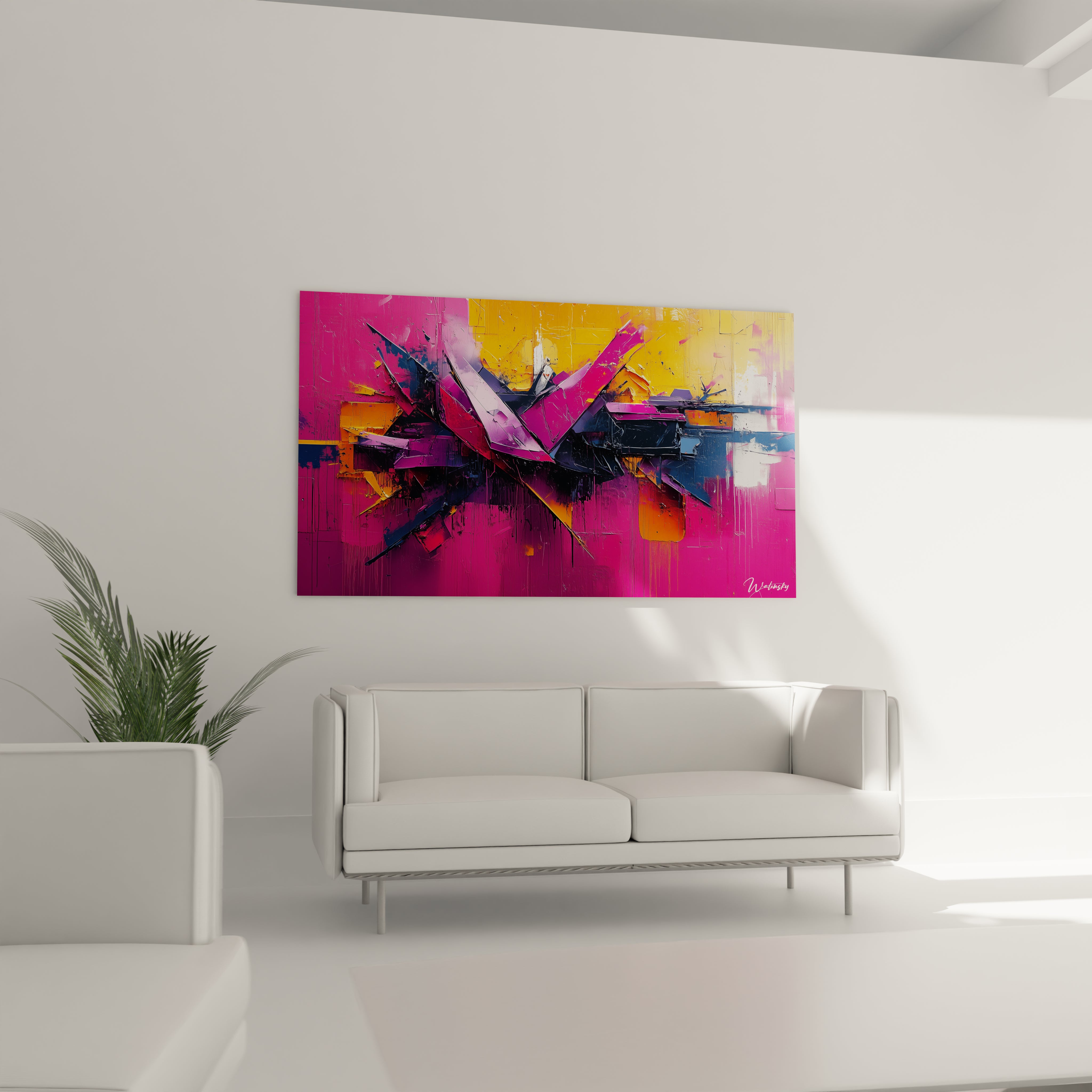 Un tableau abstrait contemporain captivant par sa palette chromatique intense de rose fuchsia et orange doré, structuré par des formes géométriques fragmentées et des lignes expressives, offrant une texture en relief avec des empâtements prononcés et des transitions de couleurs fluides.
