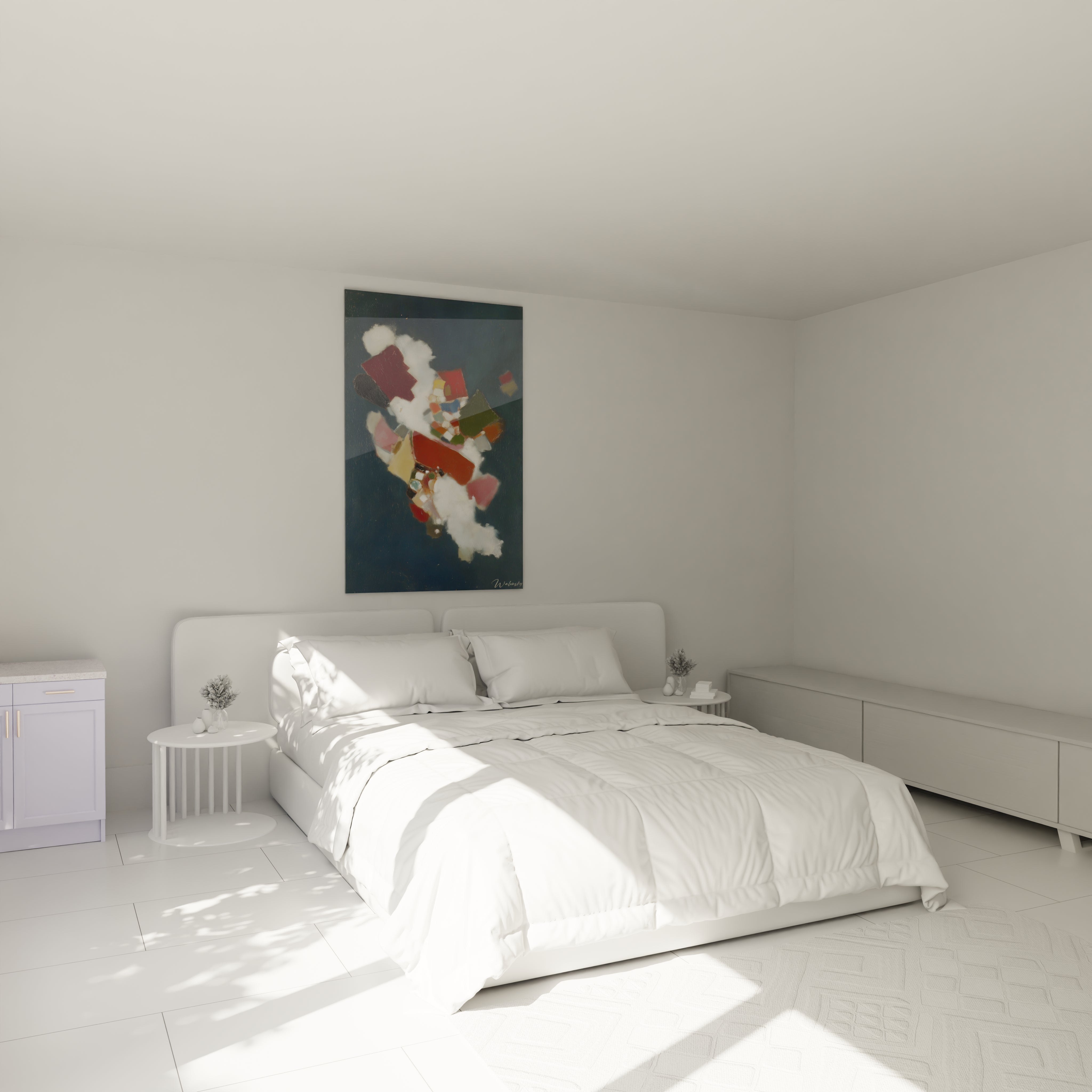 Tableau mural Walensky tableau géométrique dadaïsme accroché au dessus d un lit double blanc dans une chambre lumineuse