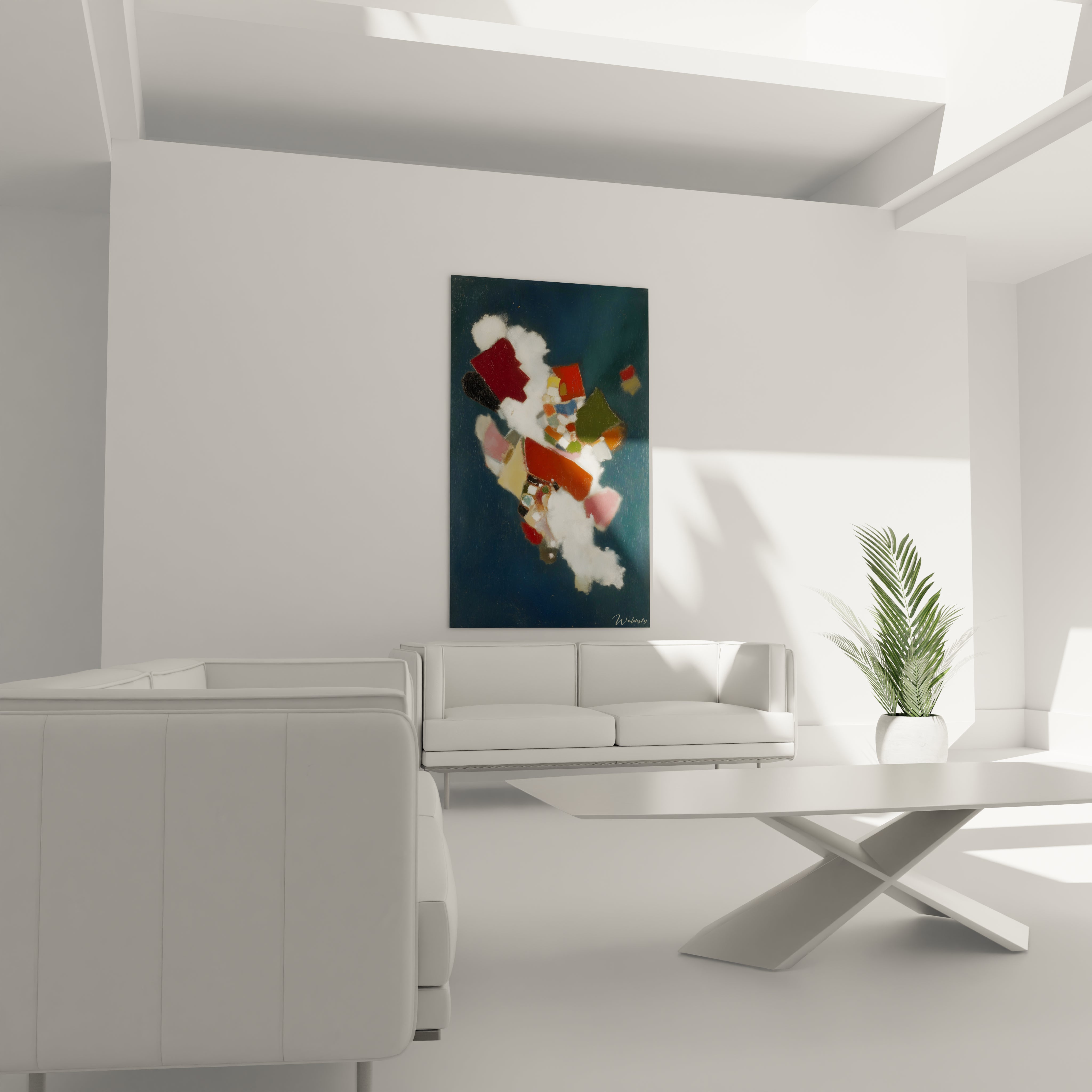 tableau géométrique dadaïsme Walensky accroché au dessus du canapé blanc dans un salon minimaliste lumineux