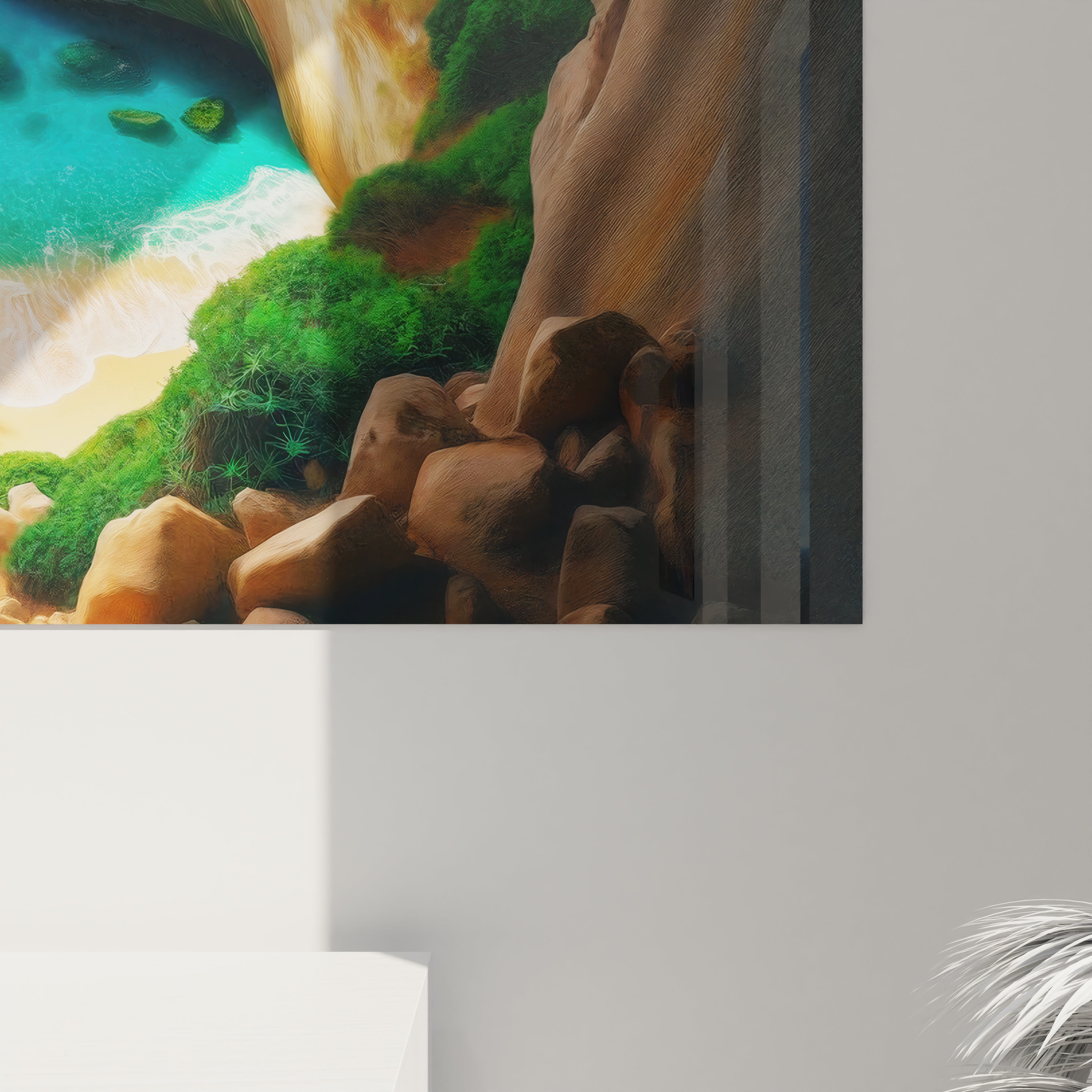 Art mural en verre acrylique combinant des paysages idylliques et des nuances apaisantes, parfait pour un intérieur apaisant.