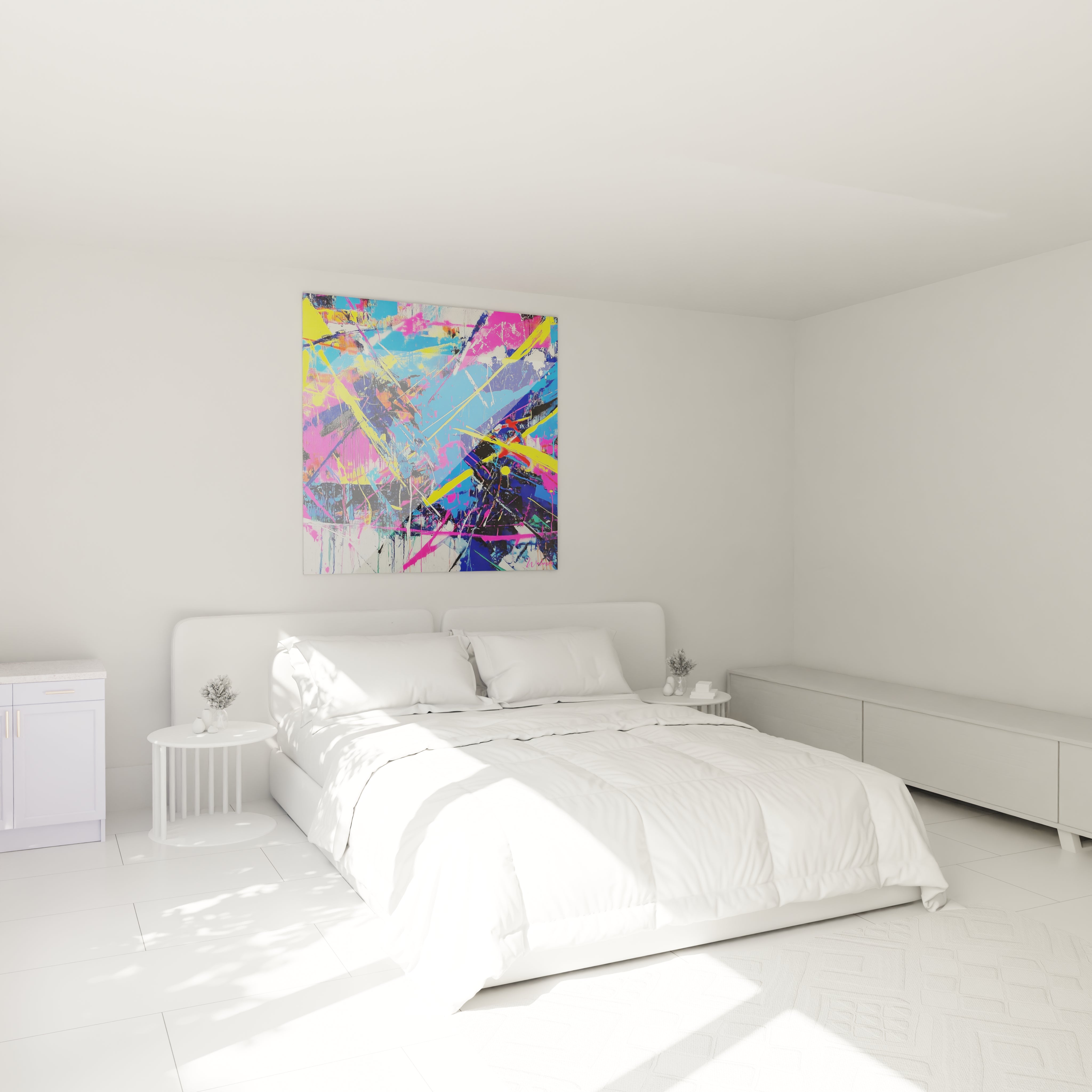Un tableau multicolore présentant une composition abstraite énergique dominée par le bleu électrique, le rose fluo et le jaune vif, avec des éclaboussures contrôlées et des lignes directionnelles qui s'entrechoquent dans un chaos harmonieux évoquant l'art urbain contemporain.
