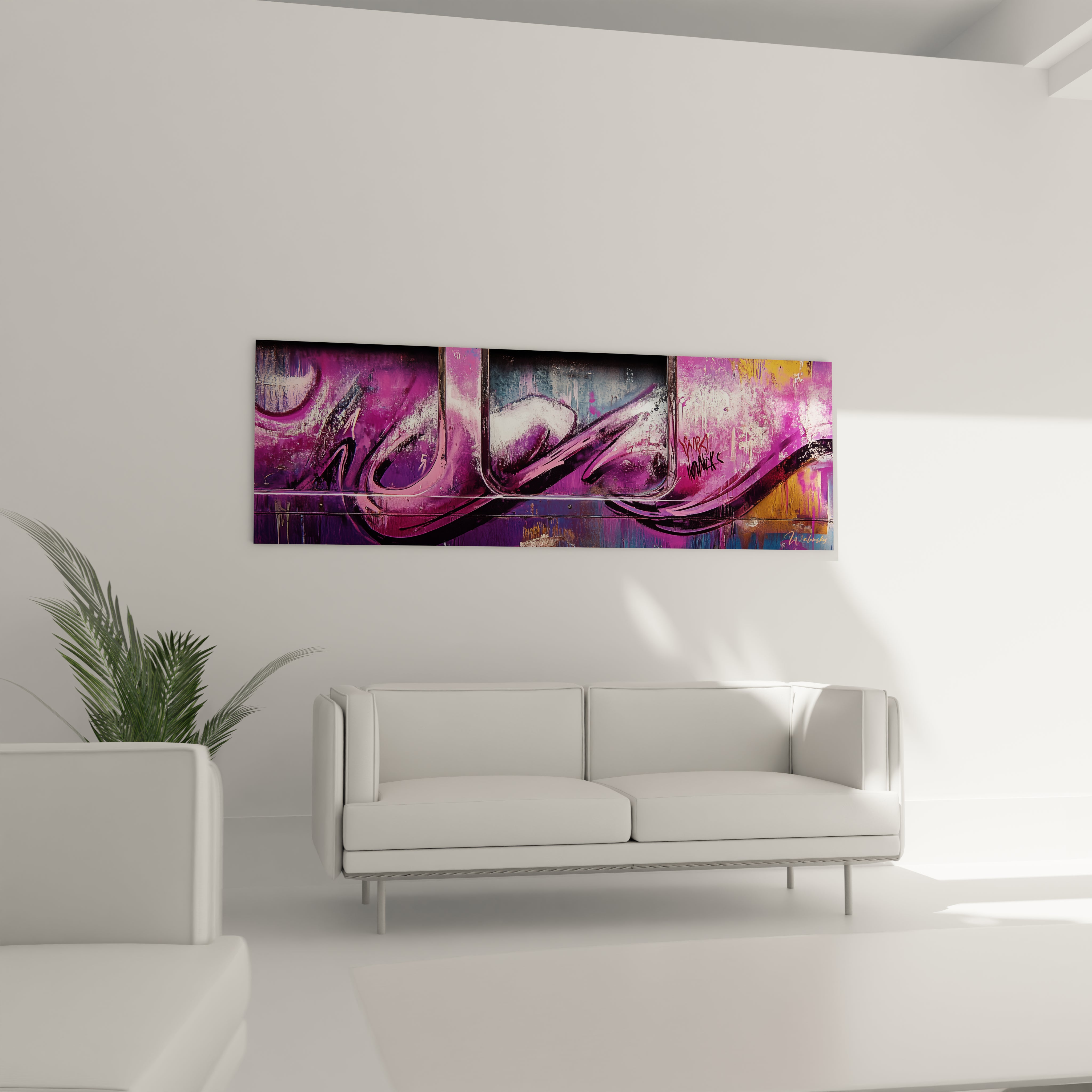 Un tableau graffiti néon composé de formes abstraites en mouvement, majoritairement violet et rose, avec des traits fluides traversant l'espace horizontal, des effets de transparence et des superpositions créant une impression de profondeur urbaine.
