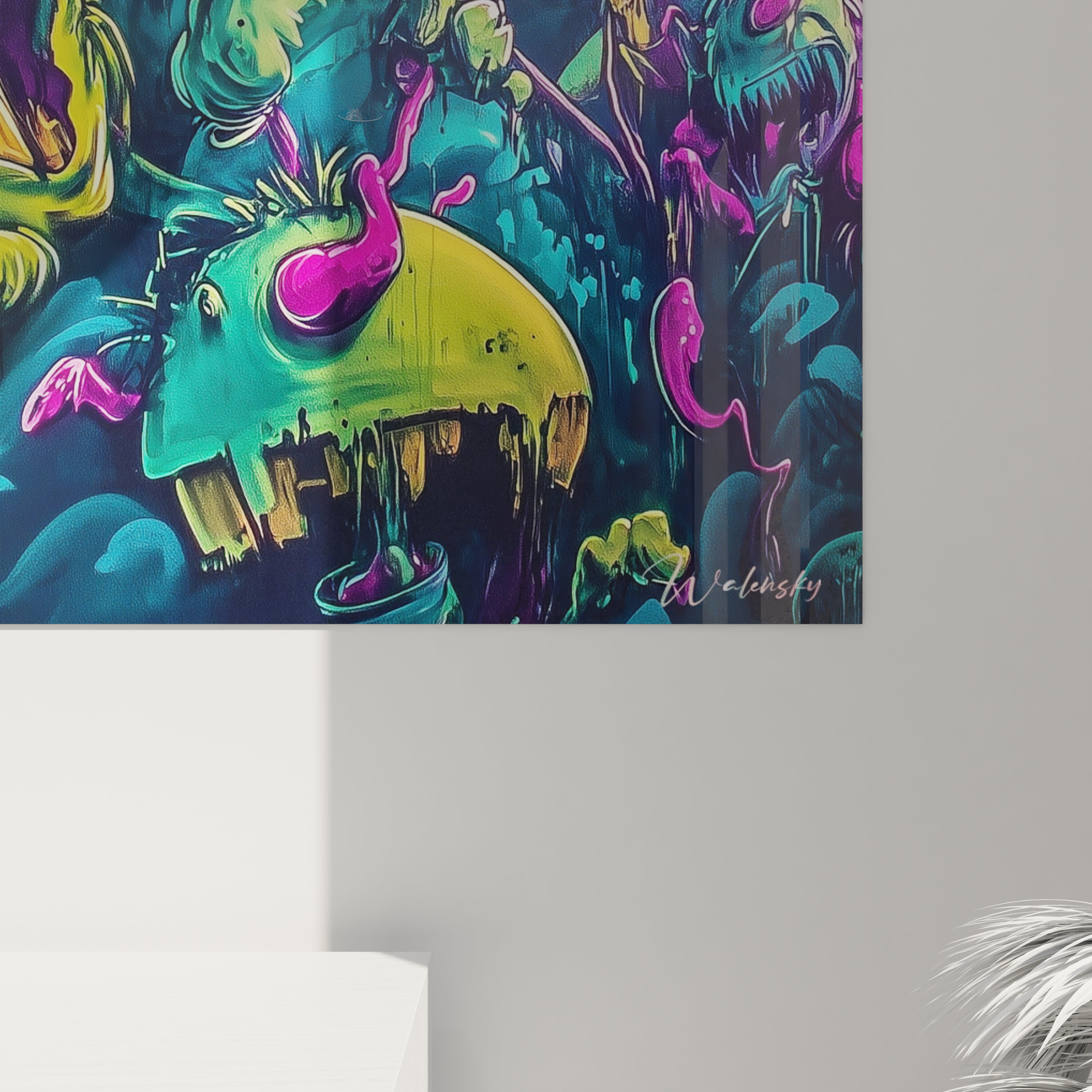 Un tableau art urbain montrant des monstres expressifs aux visages déformés, caractérisé par sa palette vibrante de bleu électrique, violet et jaune acide, présentant des contrastes saisissants et des textures variées typiques du graffiti contemporain.
