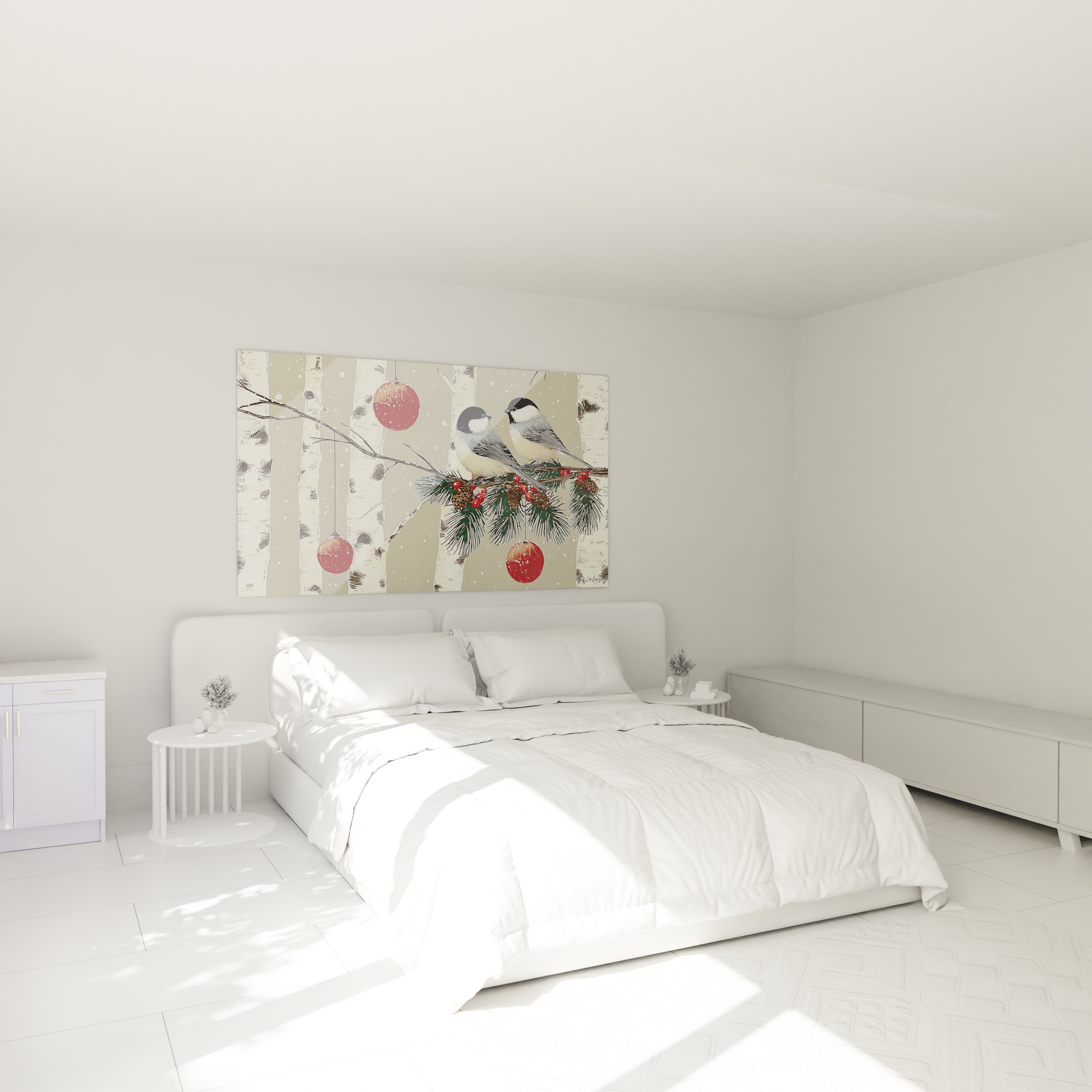 Tableau oiseaux manteau blanc Noël de Walensky accroché au mur d'une chambre lumineuse