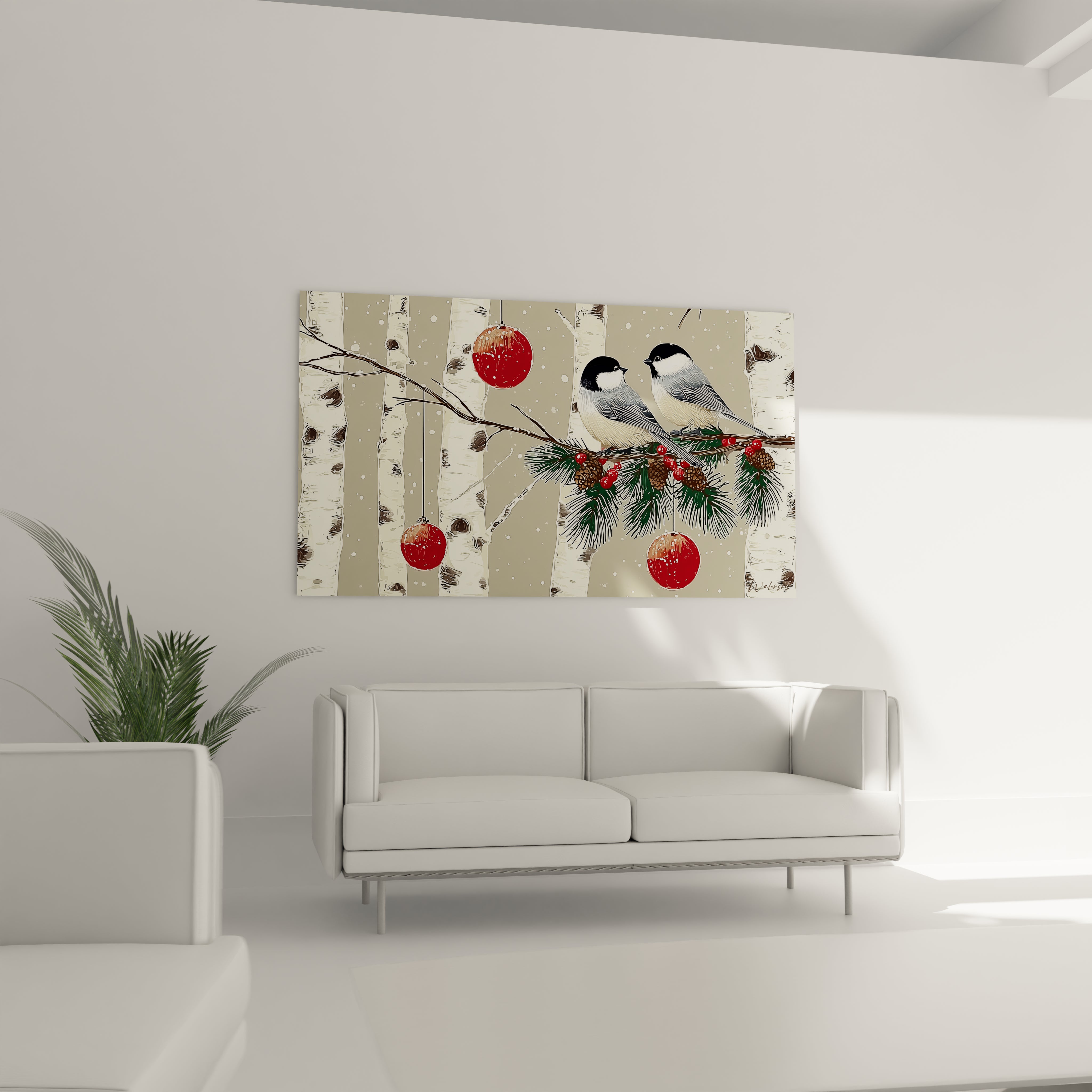 Tableau oiseaux manteau blanc Noël avec des oiseaux sur une branche entourés de décorations festives