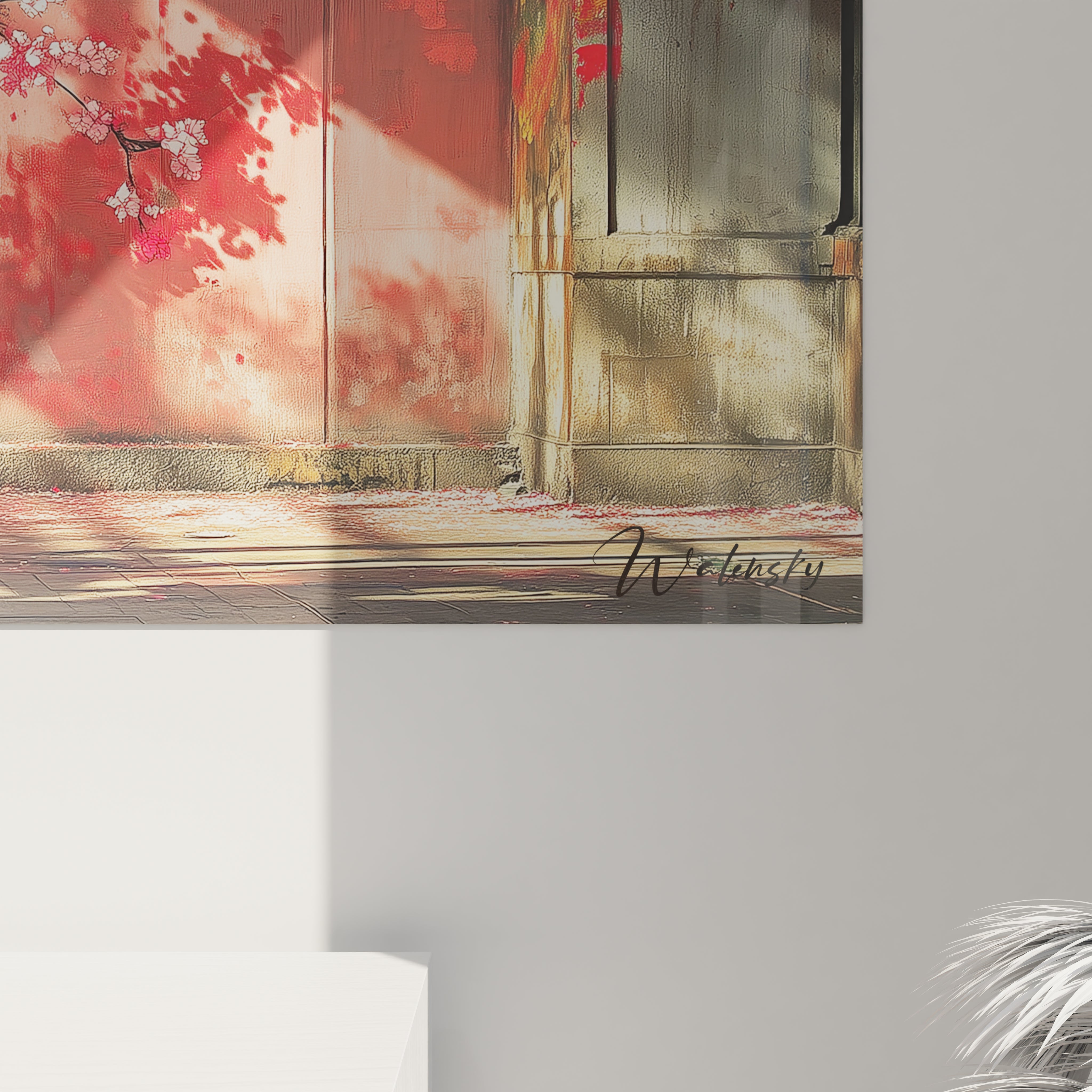 Tableau cerisier japonais présentant des branches fleuries roses sur fond architectural, combinant rouge profond et bleu-gris urbain, avec des effets de lumière traversant les fleurs et projetant des motifs ombrés délicats sur les surfaces texturées.
