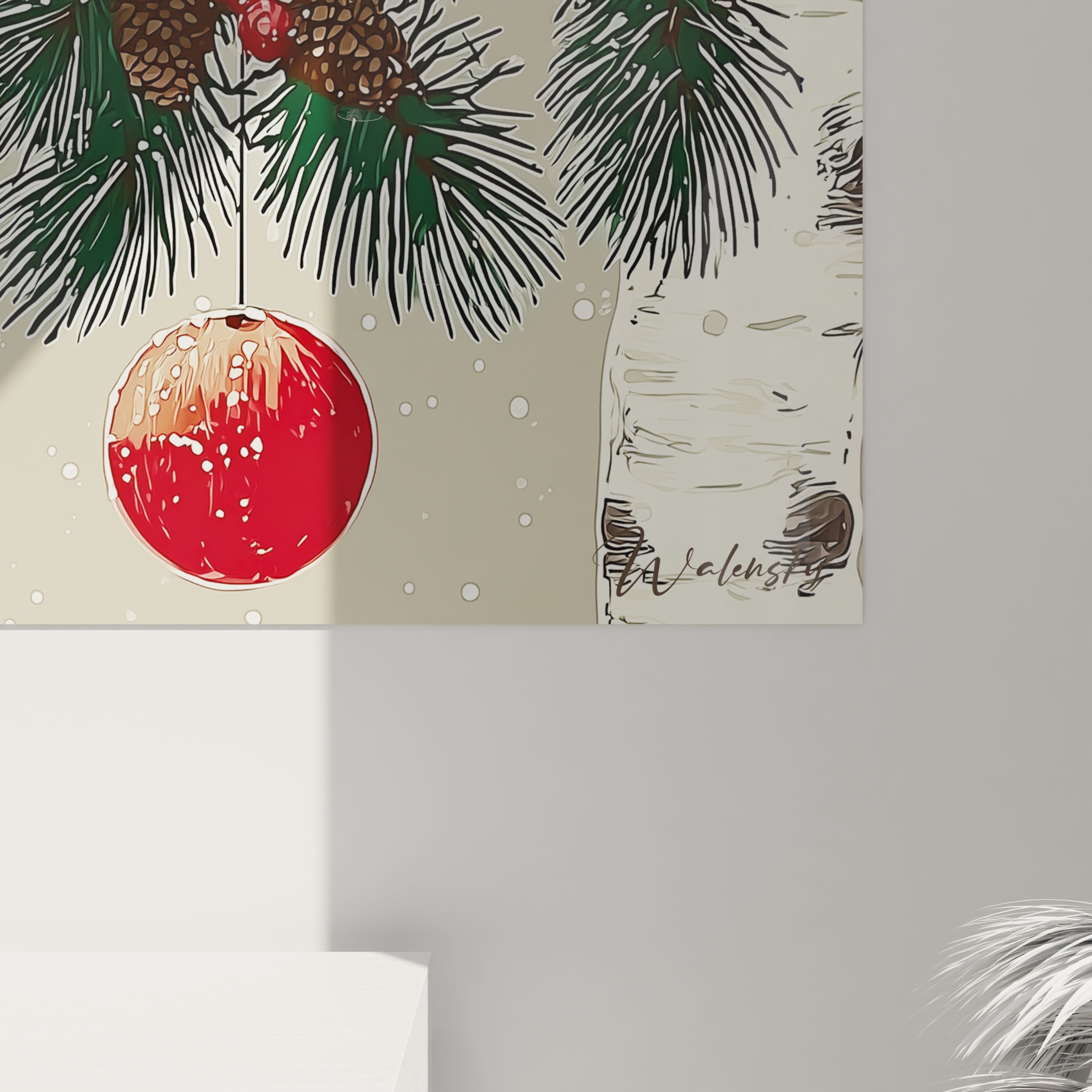 Tableau oiseaux manteau blanc Noël avec un décor de sapin et une boule rouge festive