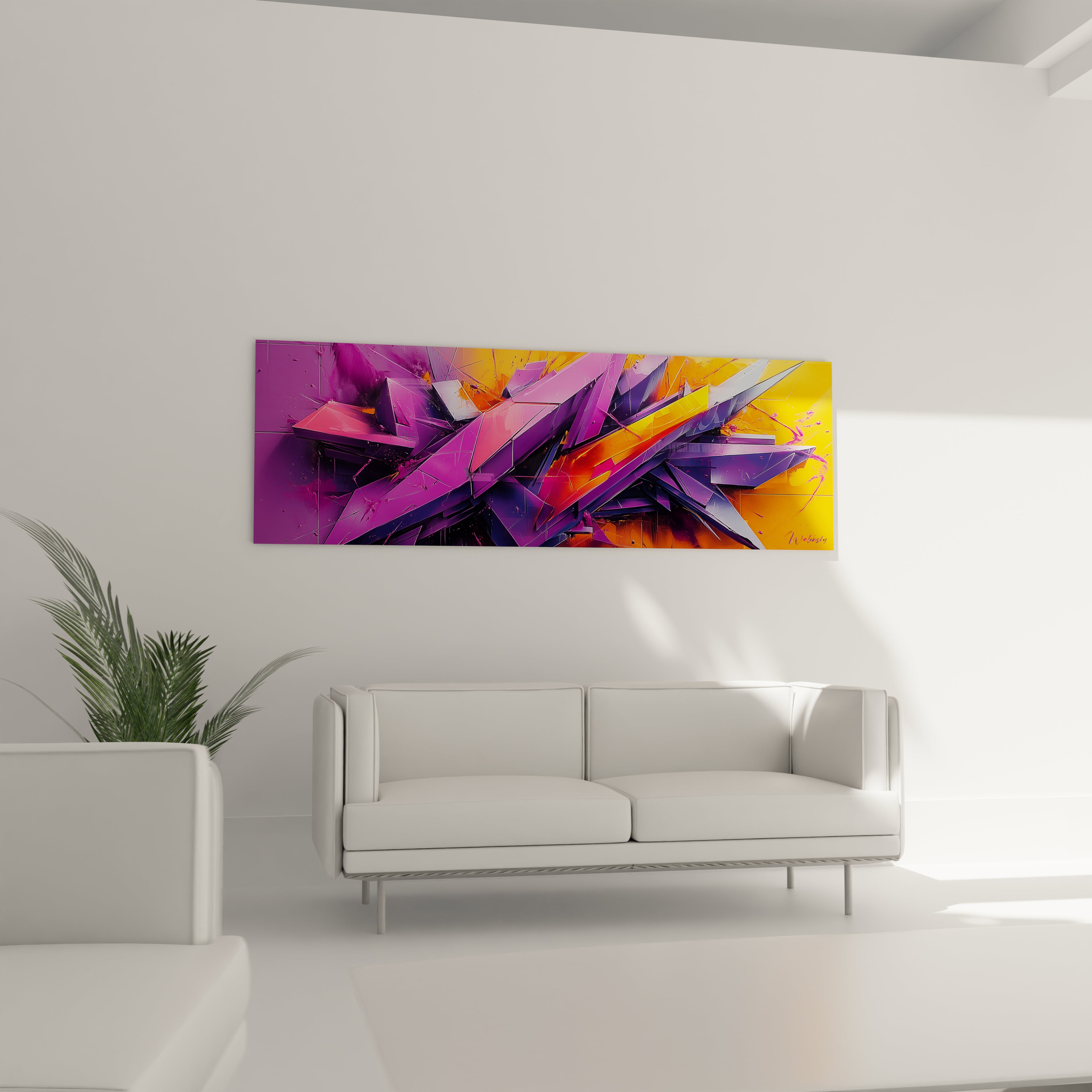 Tableau géométrique fracturé représentant une composition abstraite de triangles et prismes en violet, rose et orange, avec des transitions chromatiques fluides entre les couleurs contrastées et des lignes directionnelles qui suggèrent une explosion figée.
