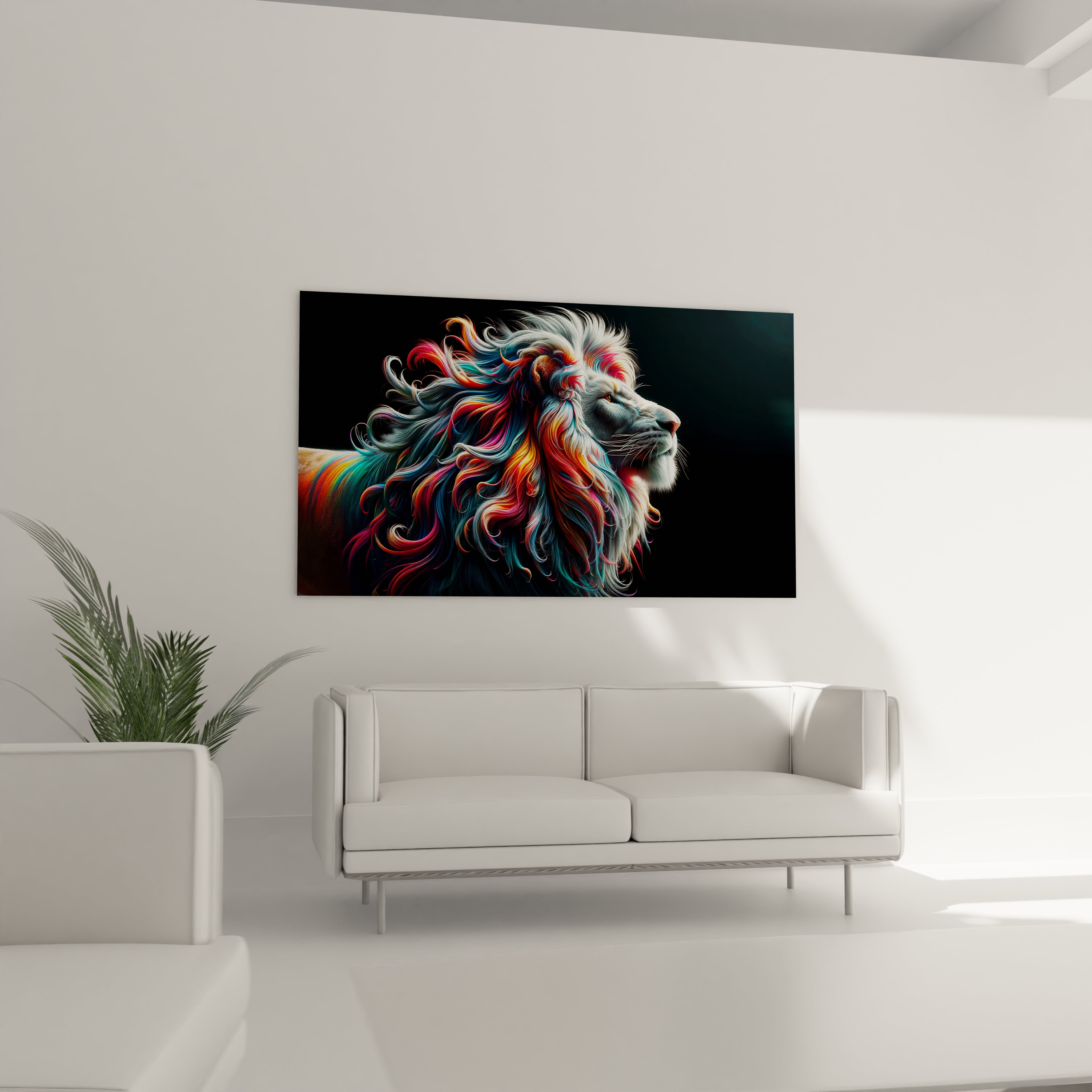 "Art mural lion multicolore, contraste saisissant et aura de sérénité, tableau en acrylique."