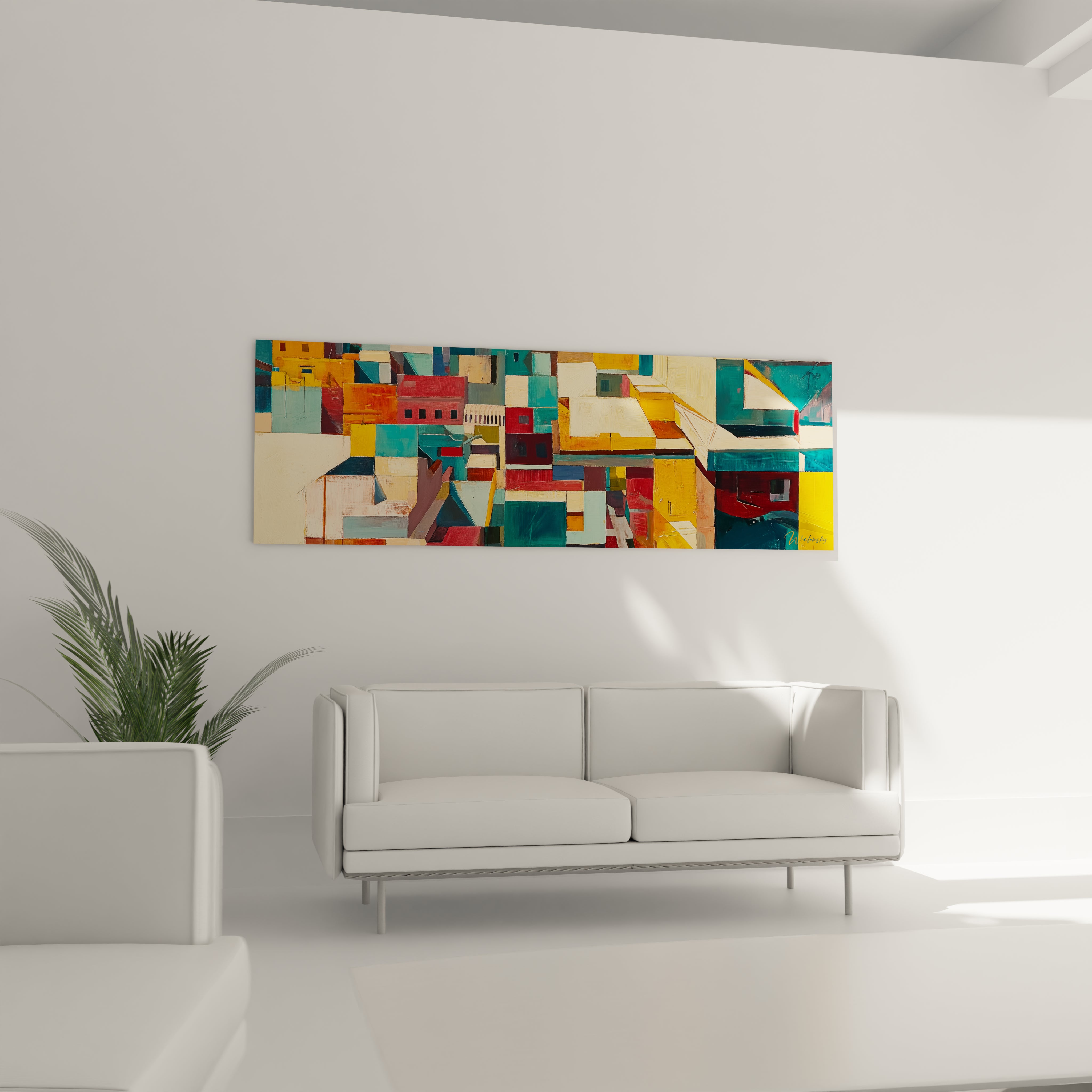 Un tableau géométrique illustrant un paysage urbain abstrait aux couleurs méditerranéennes, structuré en sections rectangulaires turquoise, jaune et rouge, avec des surfaces planes et des transitions nettes entre les zones colorées.
