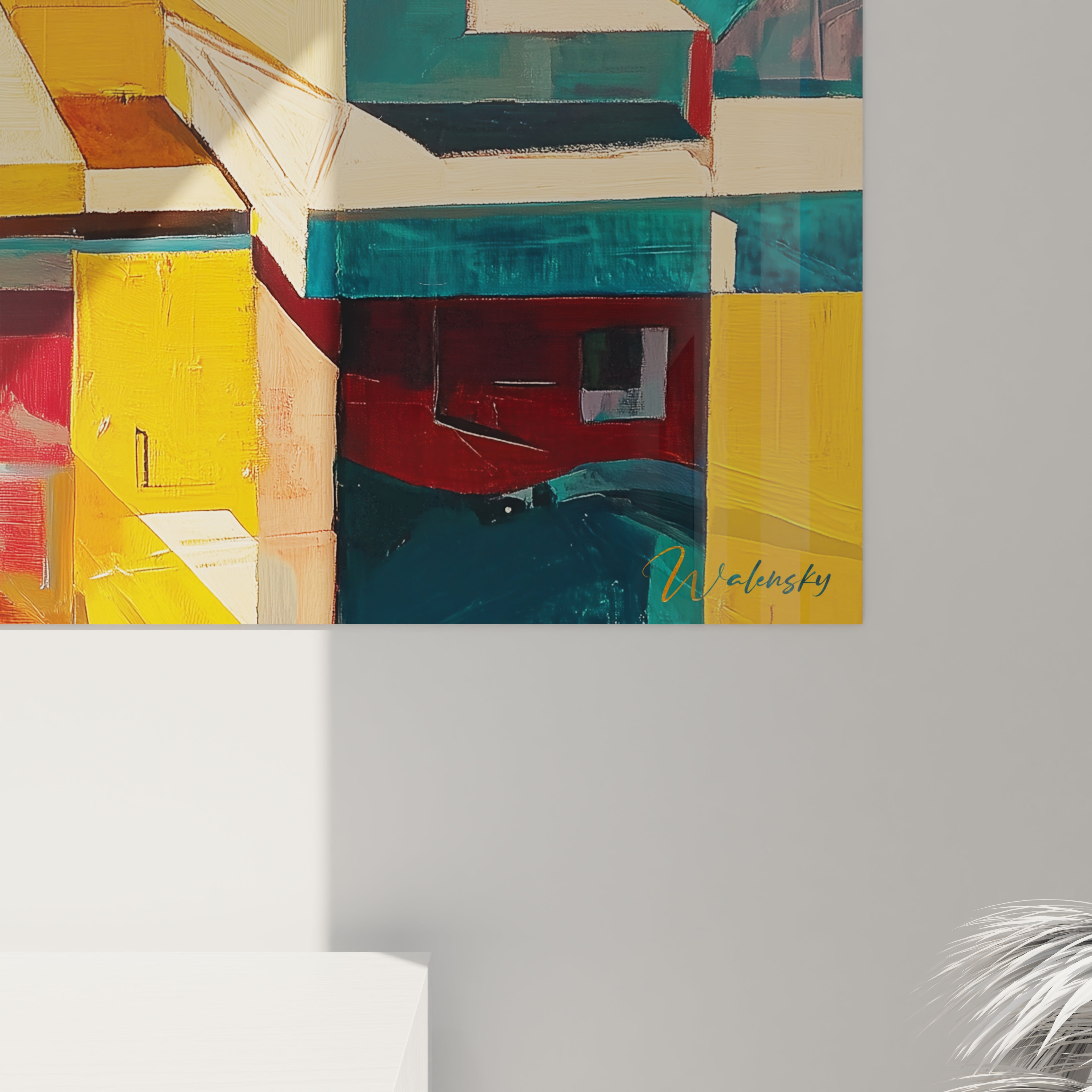 Un tableau architectural présentant une composition cubiste de quartiers urbains, utilisant des formes géométriques en turquoise, ocre, rouge et blanc, avec des textures picturales visibles et des contrastes chromatiques évoquant une ville vue du ciel.
