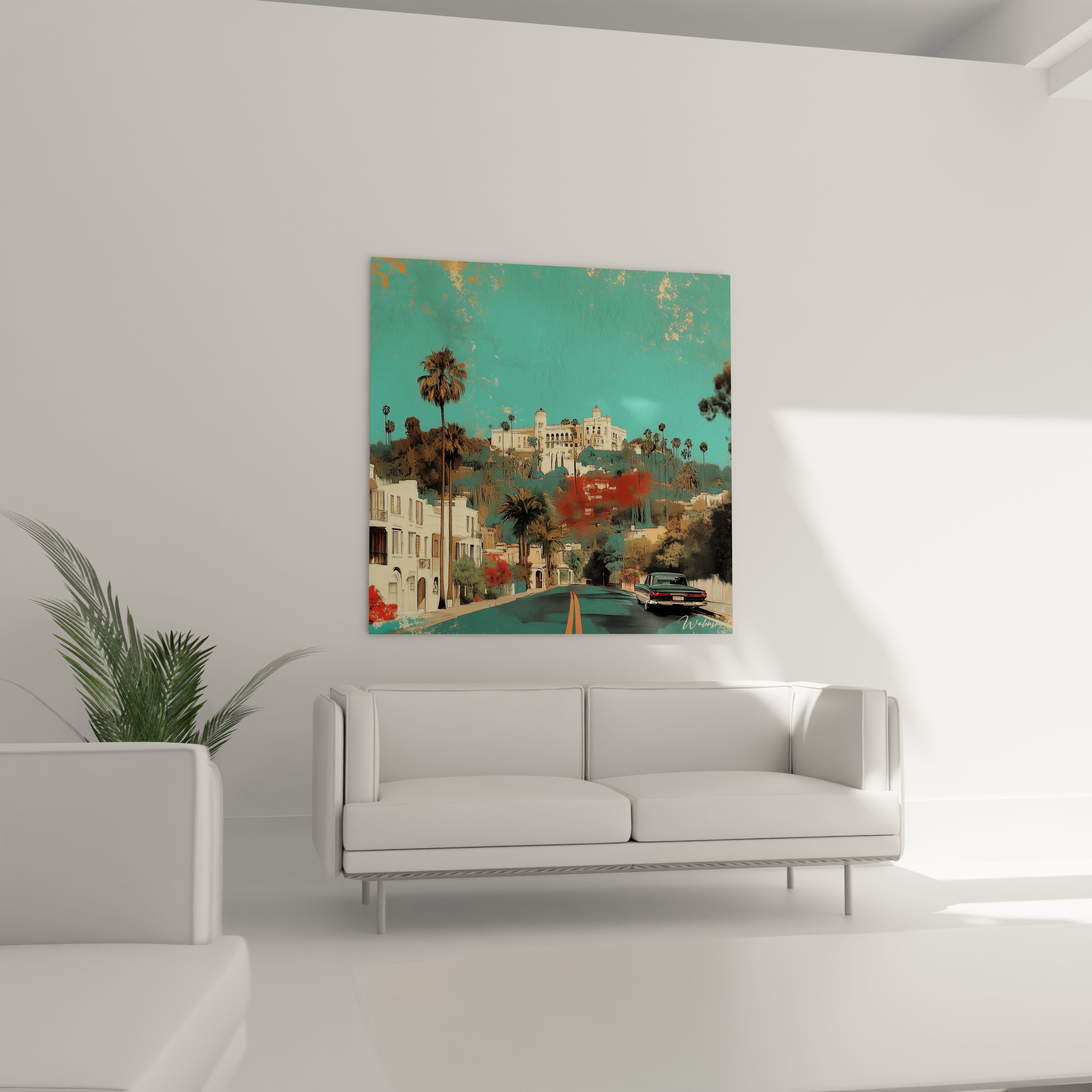 Un tableau paysage de Los Angeles capturant une rue montante bordée de maisons blanches et palmiers, menant à un bâtiment imposant sur les hauteurs, avec un traitement artistique mélangeant turquoise profond, blanc éclatant et touches d'or.
