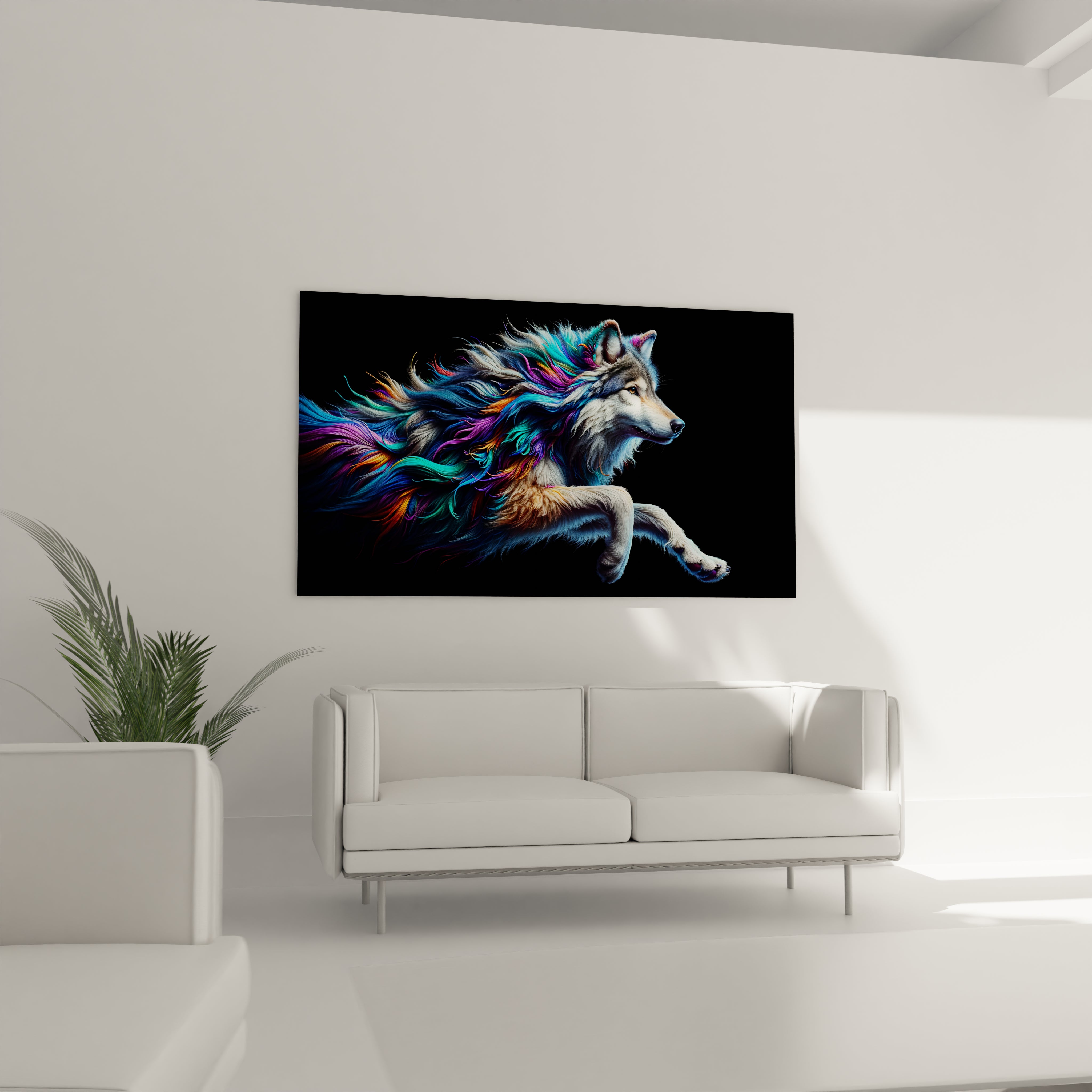 Cadre avec un loup magnifiquement coloré, parfait pour ajouter une touche dynamique et sauvage à votre intérieur. Verre acrylique épaisseur 3mm.