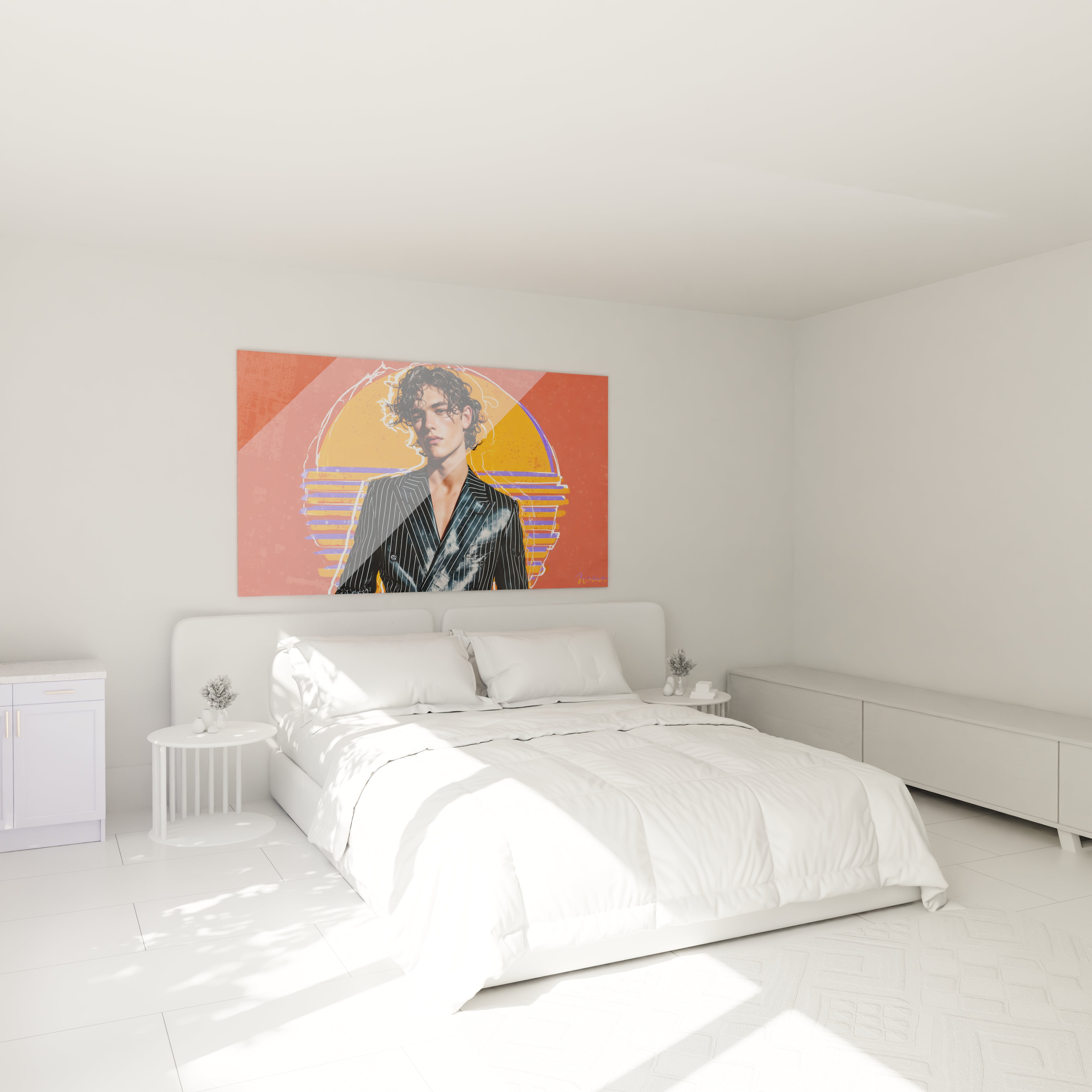 Tableau années 80 art contemporain de Walensky avec une femme en tenue stricte sur fond coloré dans une chambre moderne