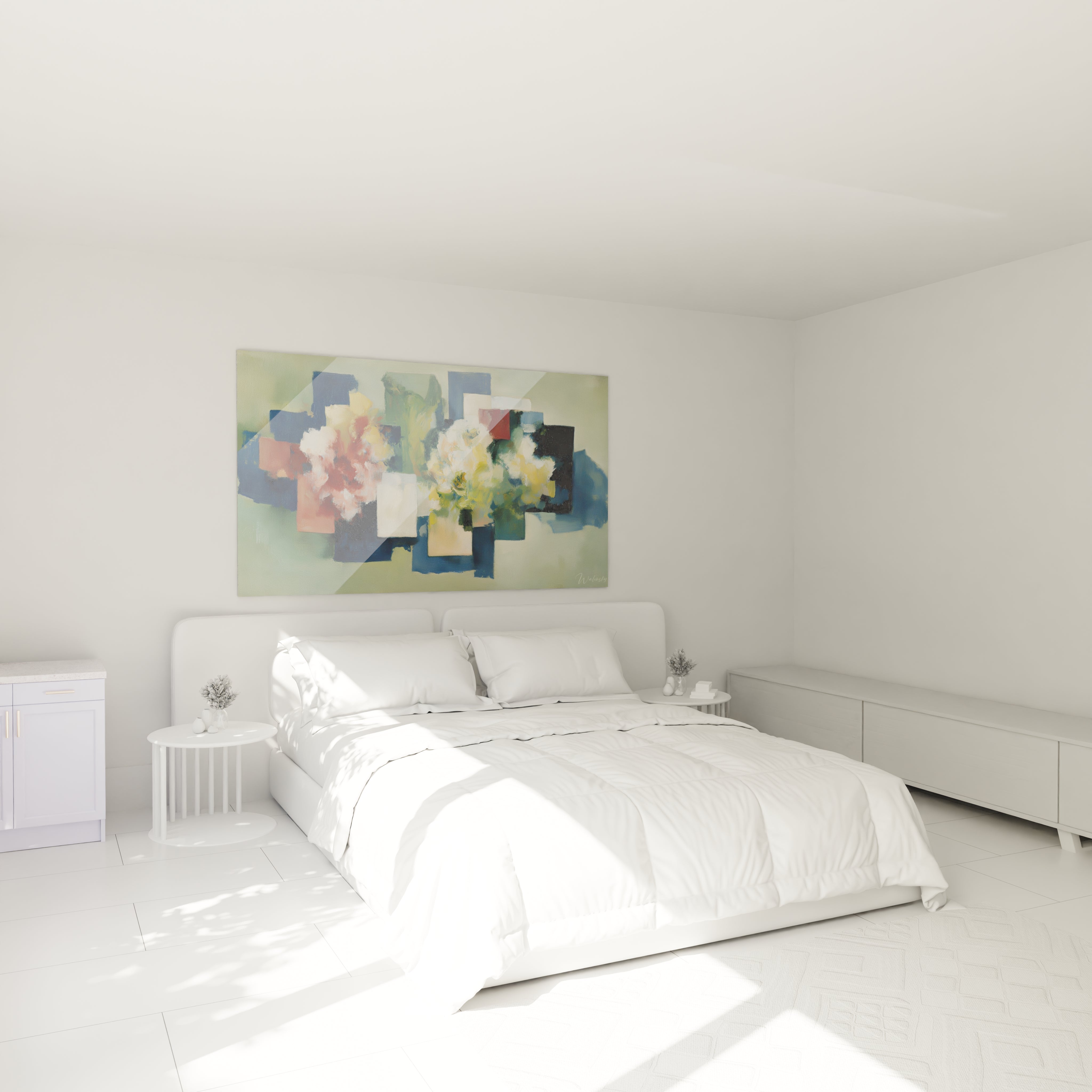 tableau mural fleurs dadaïsme Walensky tons pastel accroché au dessus du lit dans chambre minimaliste