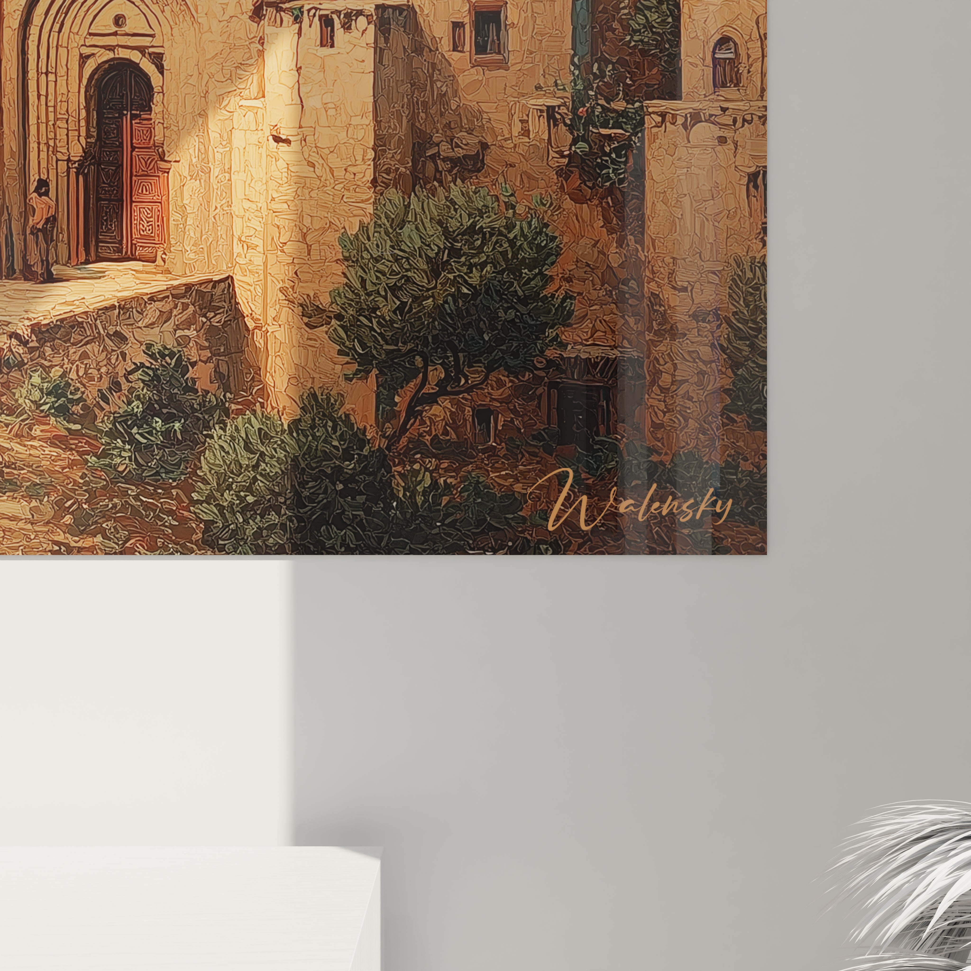 Tableau mural Walensky représentant une vieille mosquée en pierres et végétation tableau mosquée coupole rouge