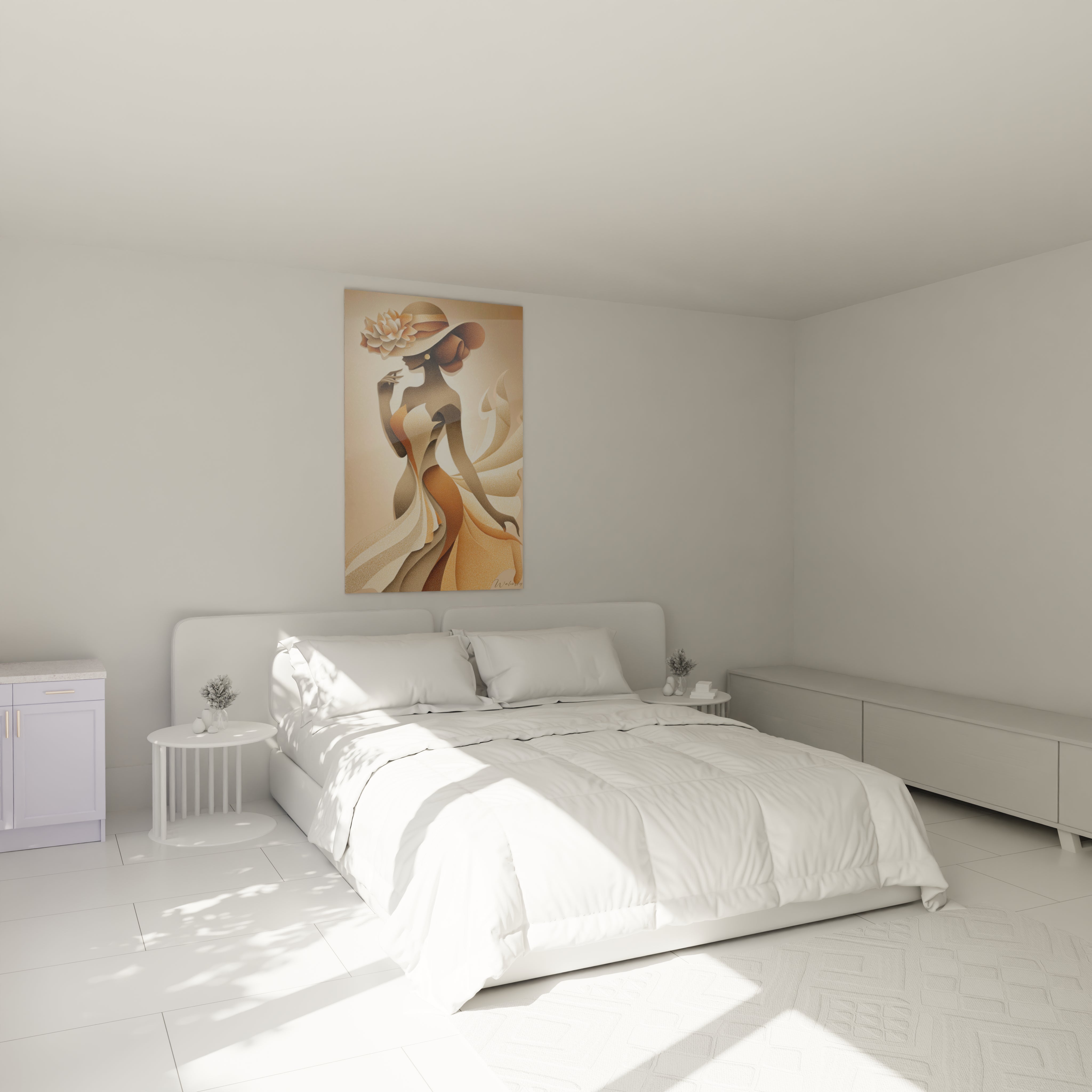 Tableau femme années 20 sur le mur d'une chambre moderne avec lit et décor minimaliste