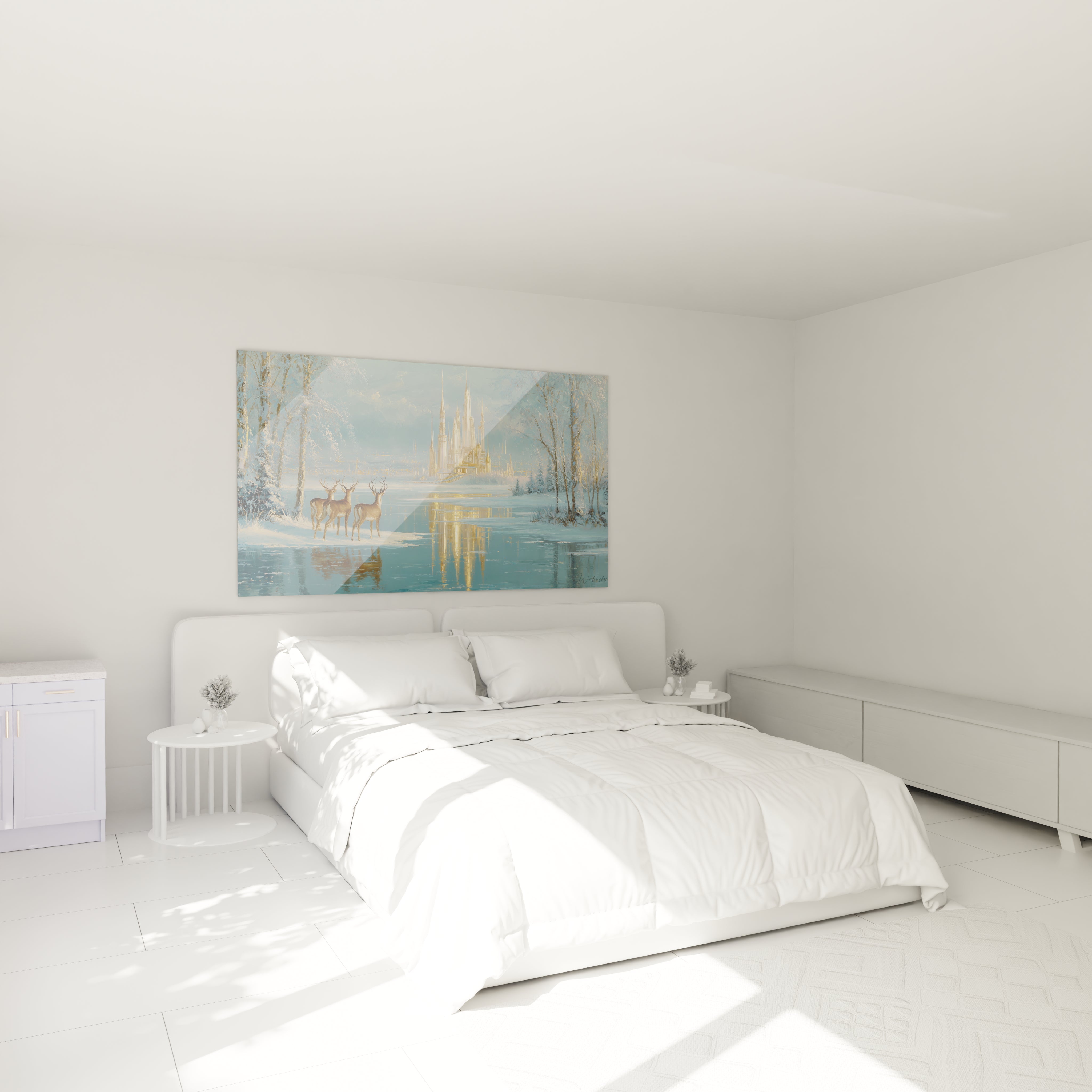 Tableau mural cerfs édition Noël dans une chambre moderne avec décor épuré