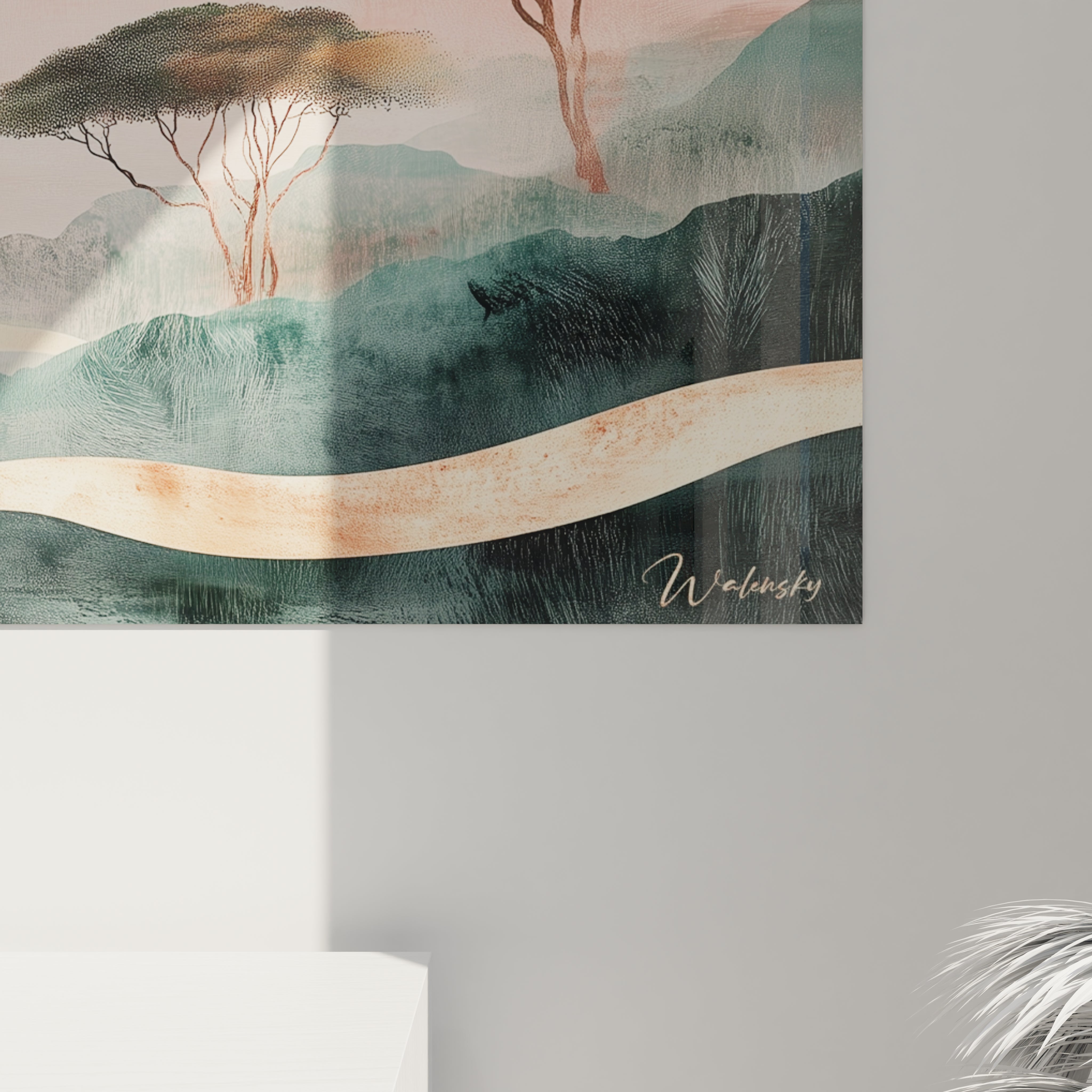 Un tableau paysage impressionniste figurant un chemin pastoral enveloppé de brume matinale. Composé de teintes délicates de rose, turquoise et blanc opalescent, l'œuvre se distingue par ses transitions fluides et sa texture légère évoquant un monde entre rêve et réalité.
