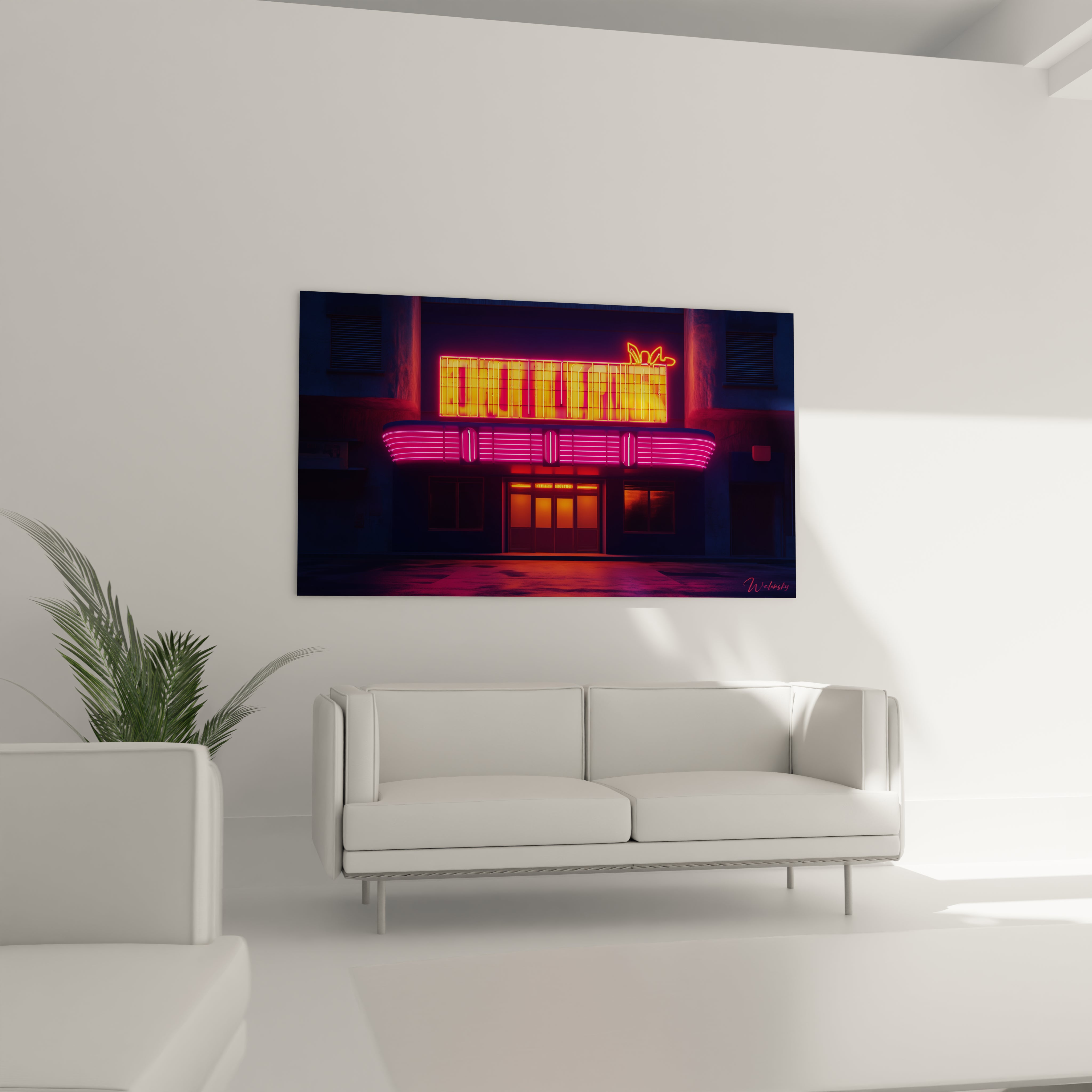 Tableau façade lumineuse illustrant un bâtiment de style rétro avec une enseigne rectangulaire jaune-orange en haut et une marquise rose vif en dessous, baigné dans une ambiance nocturne bleutée avec des effets de brillance et de réflexion.
