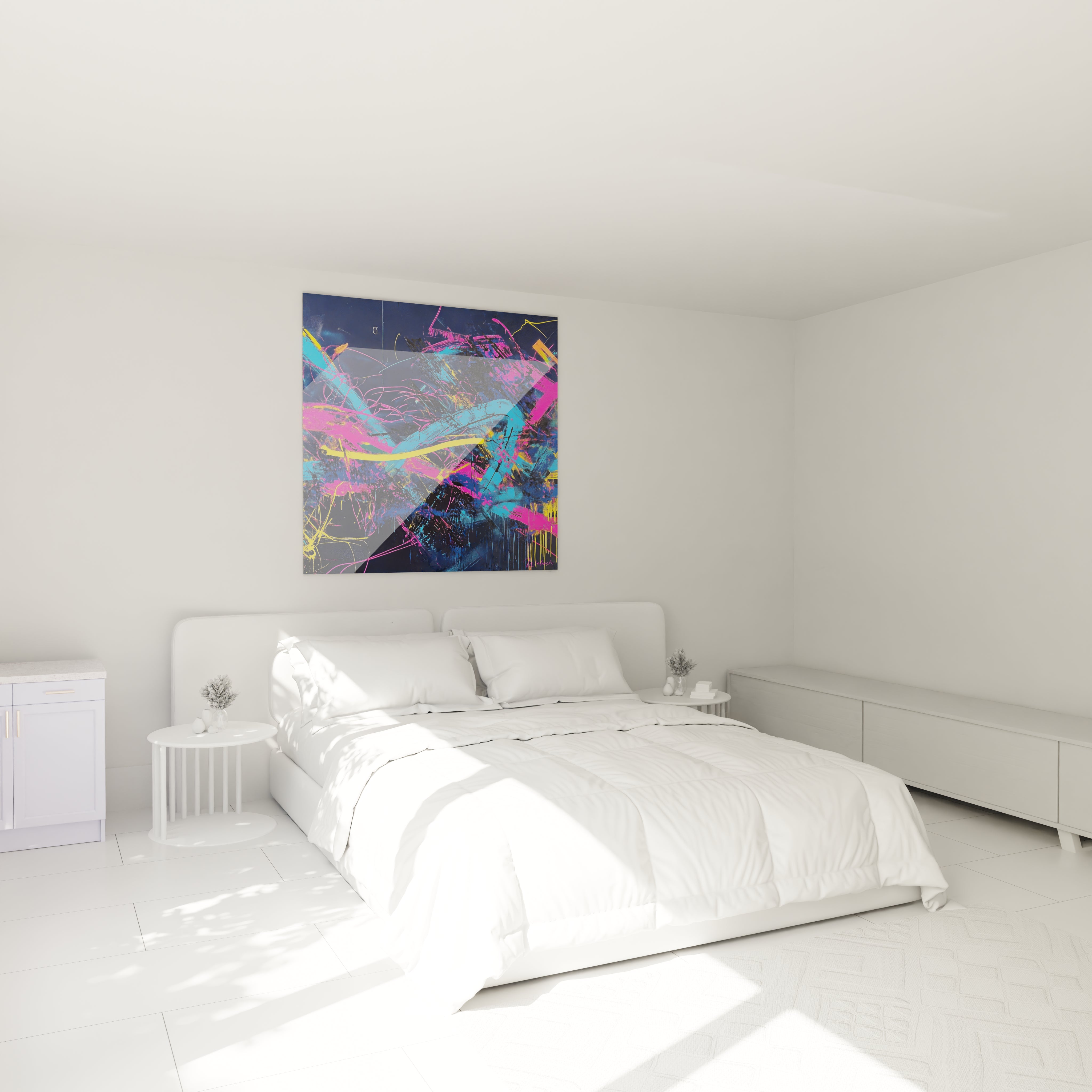 Un tableau abstrait urbain où s'entremêlent des traits de peinture bleu turquoise, rose fluorescent et jaune brillant, formant une composition chaotique maîtrisée avec des textures variées entre zones lisses et empâtements expressifs sur fond bleu nuit.
