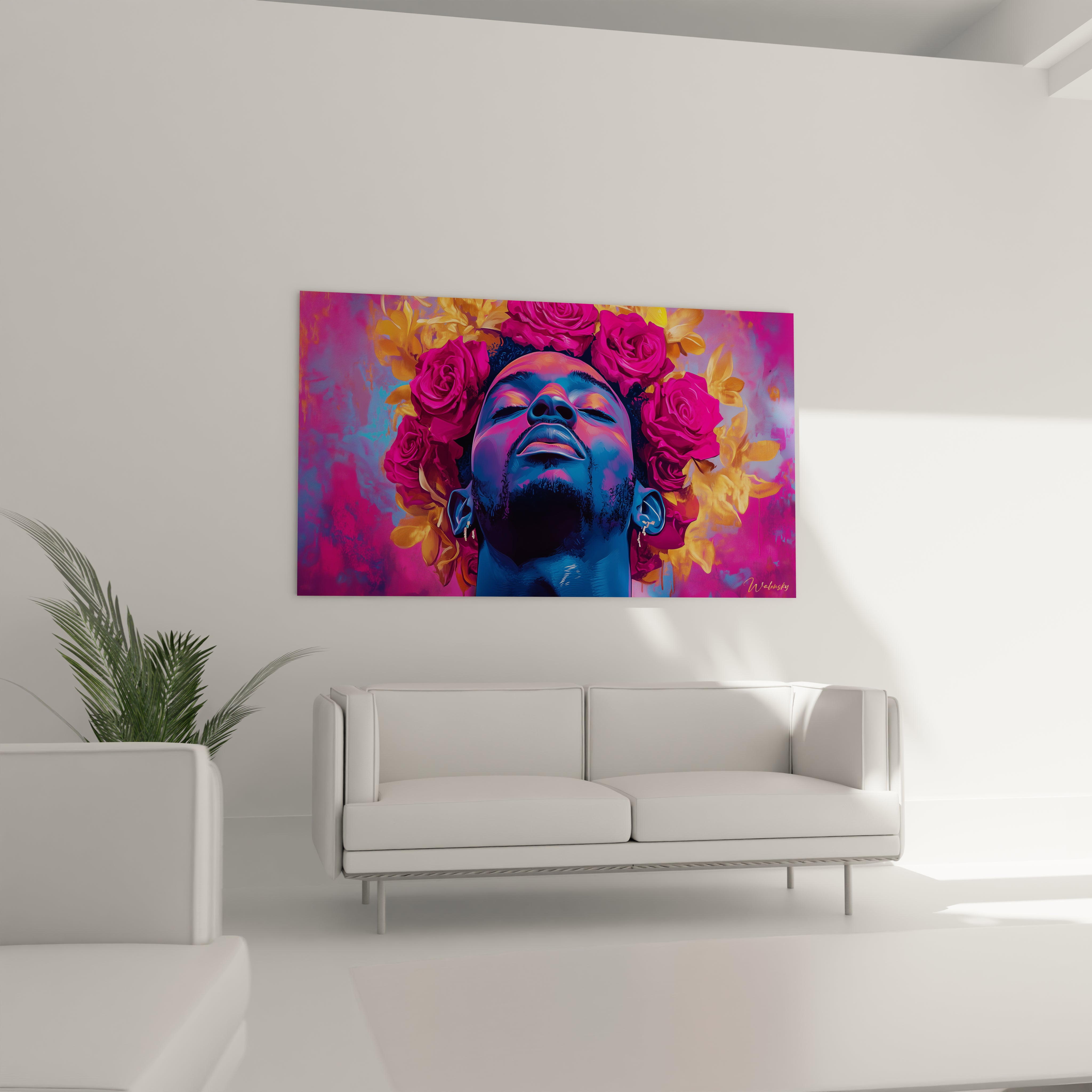Tableau portrait contemporain montrant un visage masculin à la peau bleue métallisée, yeux fermés et tête levée, encadré par des fleurs roses vives et des feuilles dorées, créant un effet vibrant sur fond dégradé violet-rose.
