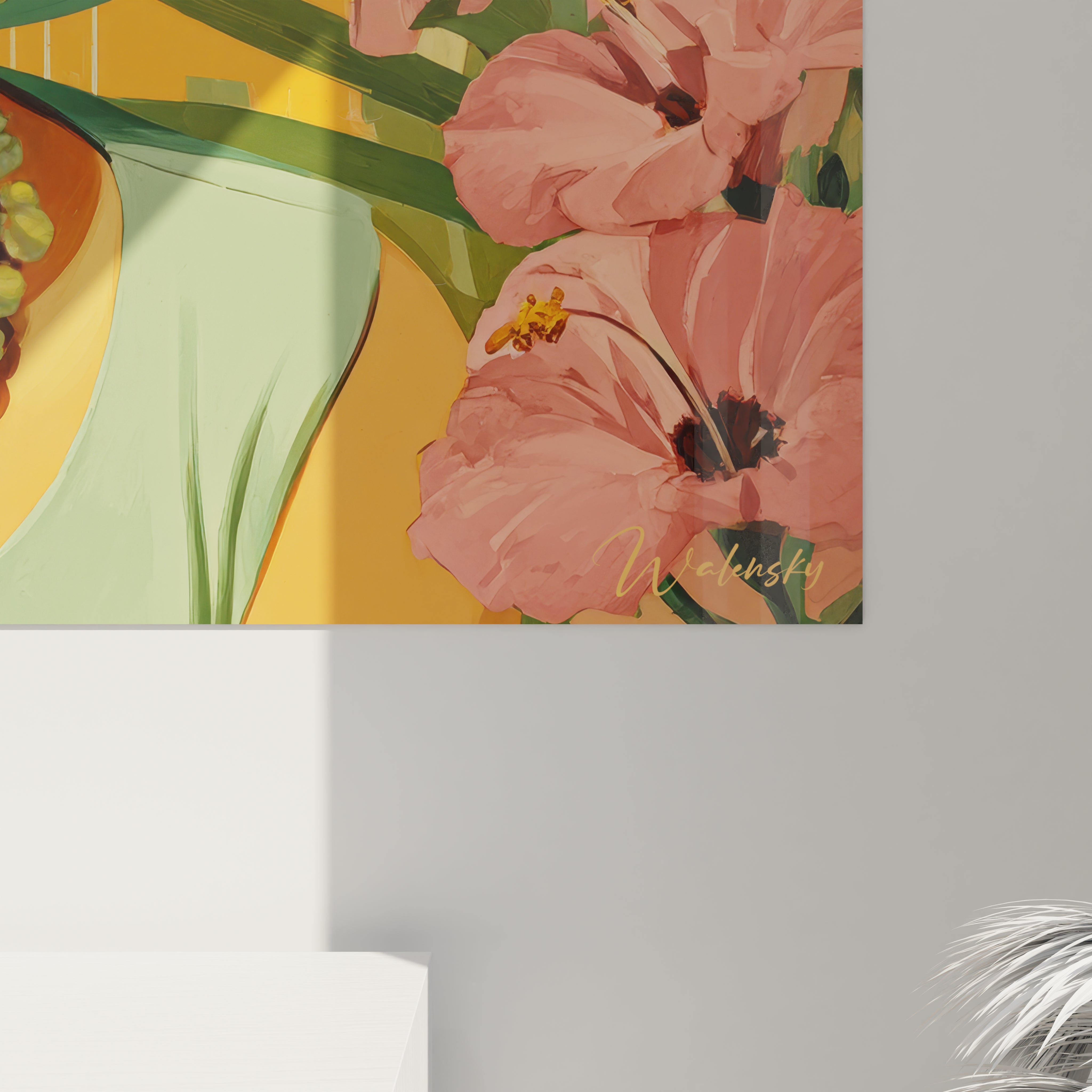 Tableau mural rétro luxe de Walensky avec des fleurs roses et des éléments abstraits colorés
