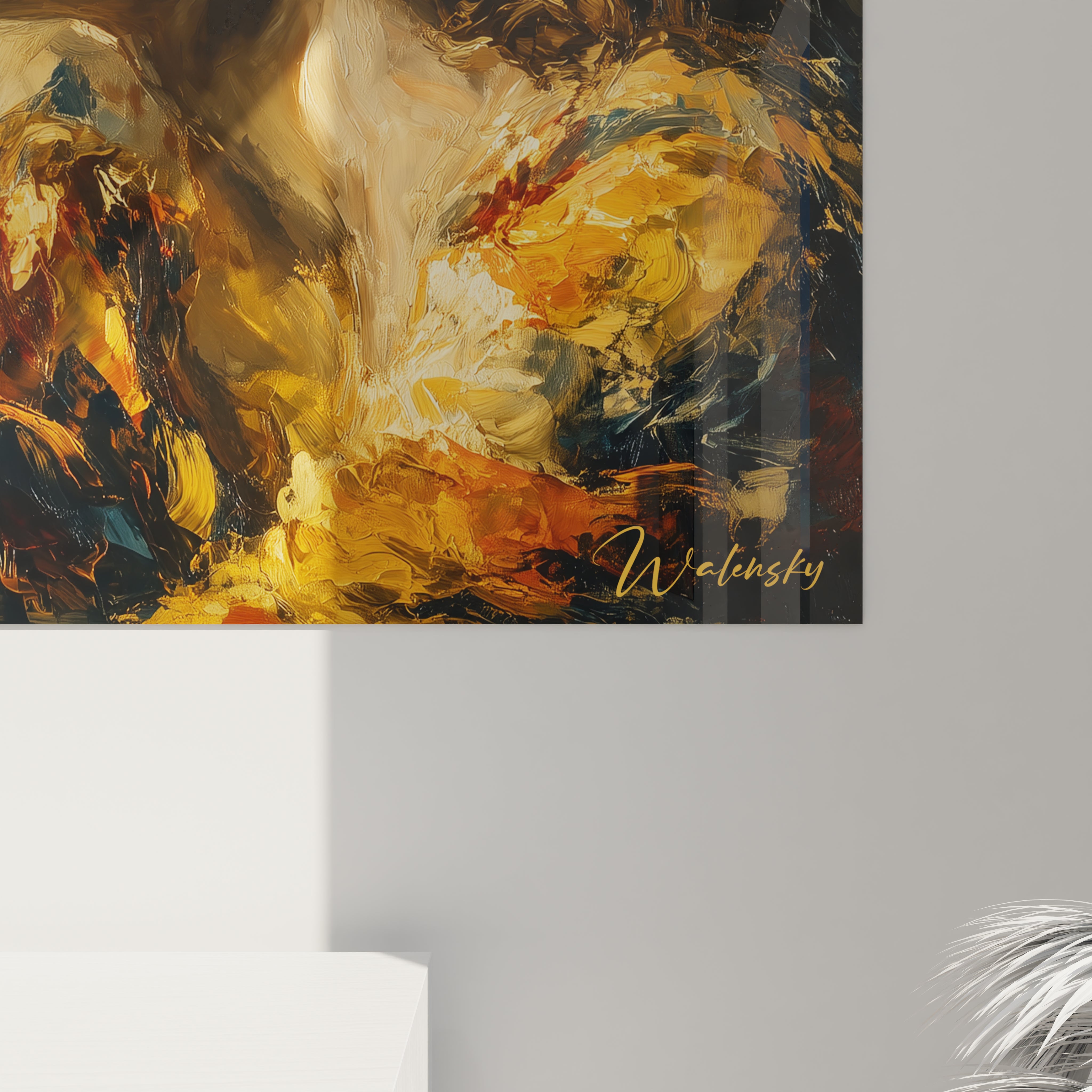 Tableau mural Walensky abstrait tons or et jaune avec silhouette féminine et détail rouge tableau femme lèvres écarlates signé