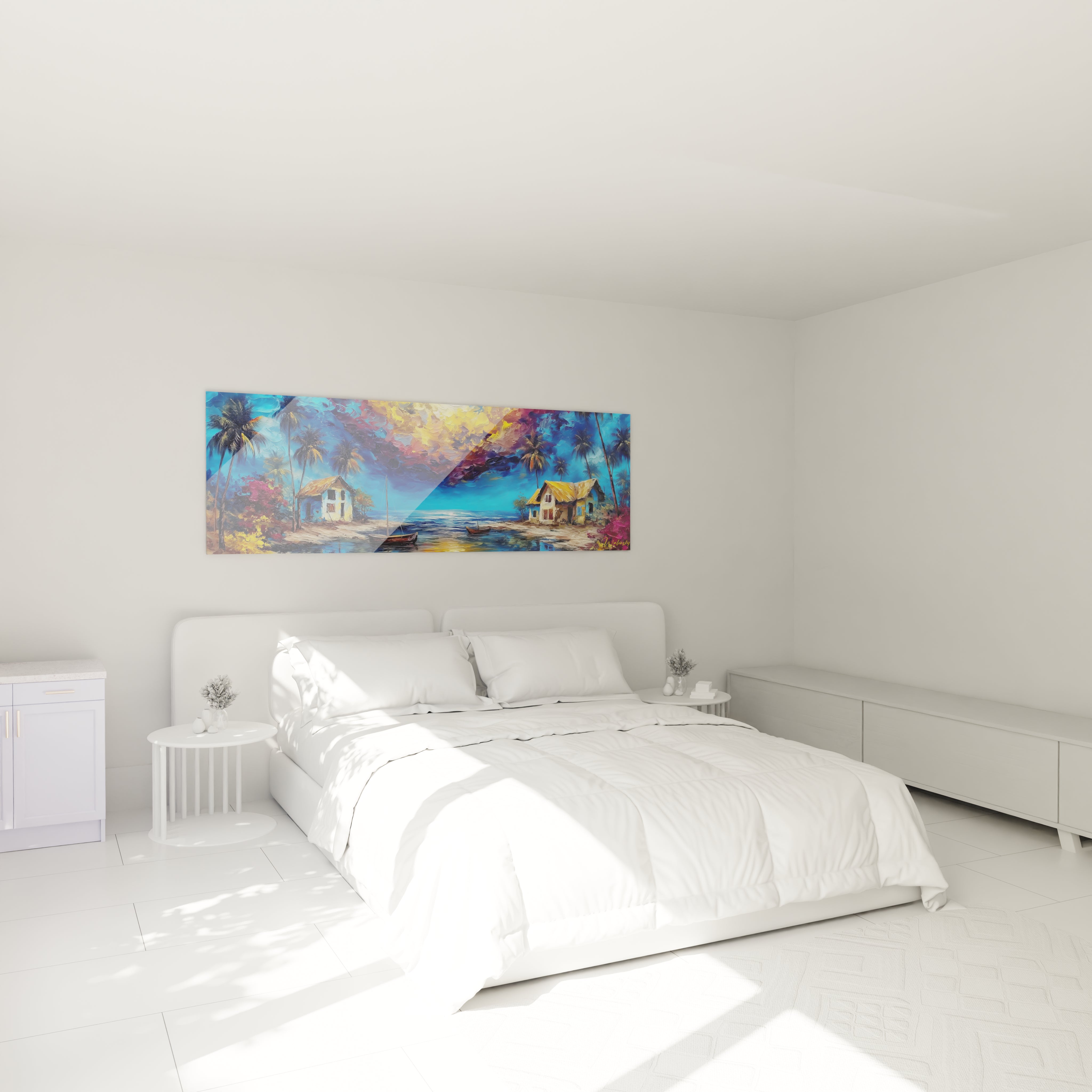 Tableau paysage africain mural Walensky avec des maisons et des palmiers dans un décor coloré