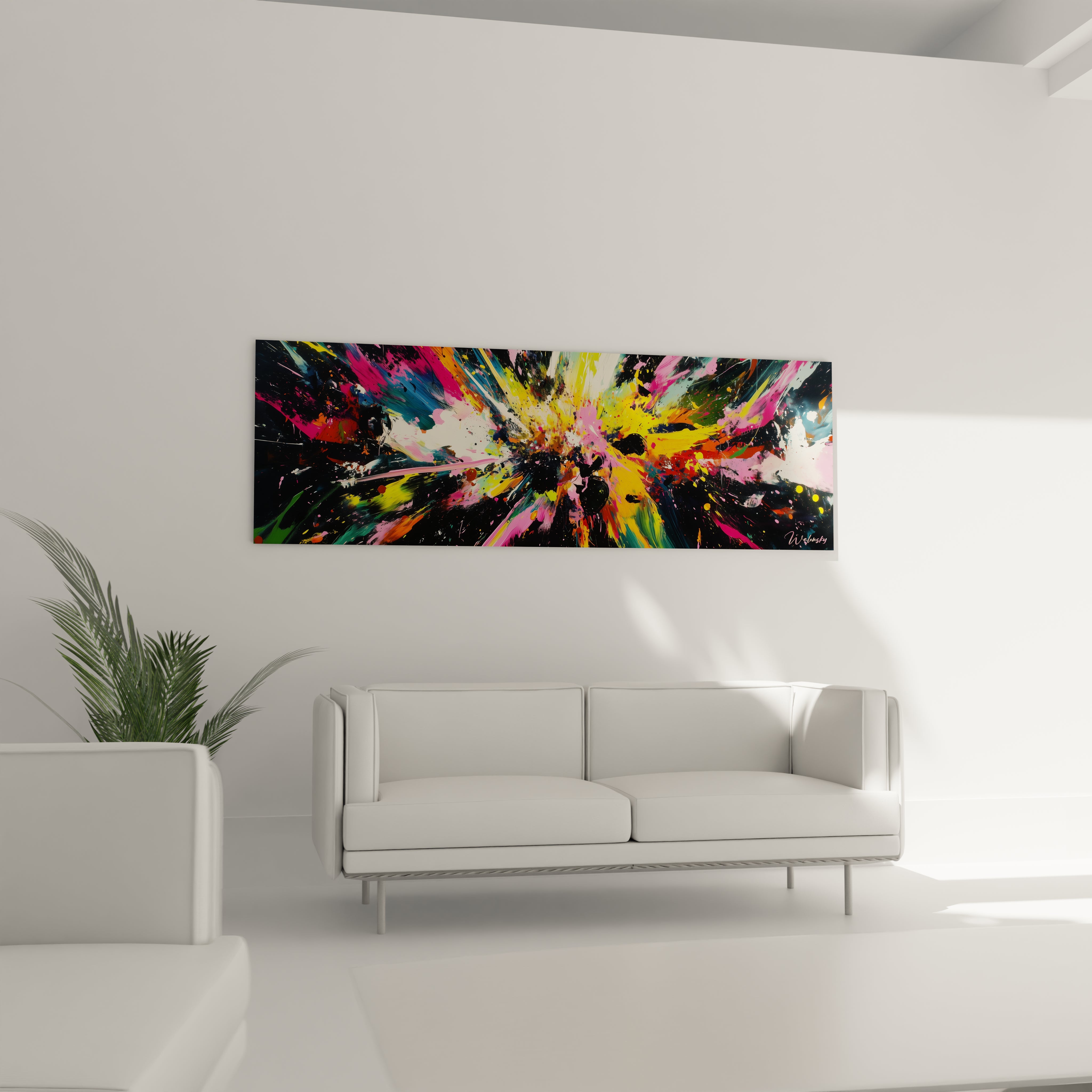 Un tableau abstrait explosif figurant une composition radiale de couleurs vibrantes sur fond noir, où des projections de peinture en rose vif, jaune éclatant, bleu turquoise et blanc s'entrechoquent dans un mouvement centrifuge créant une sensation de déflagration artistique figée dans le temps.
