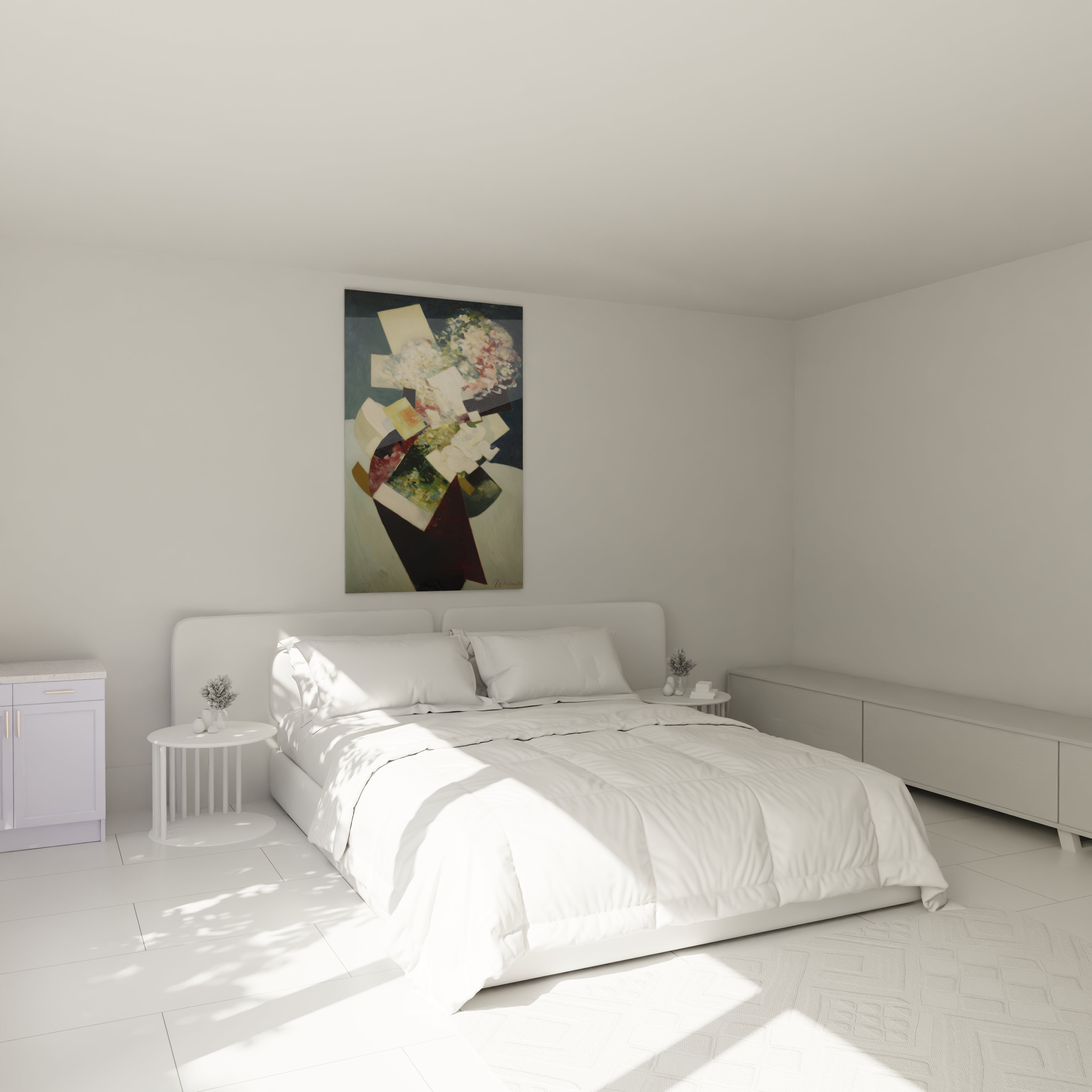 tableau dadaïsme bouquet Walensky accroché au dessus d un lit blanc dans une chambre minimaliste et lumineuse