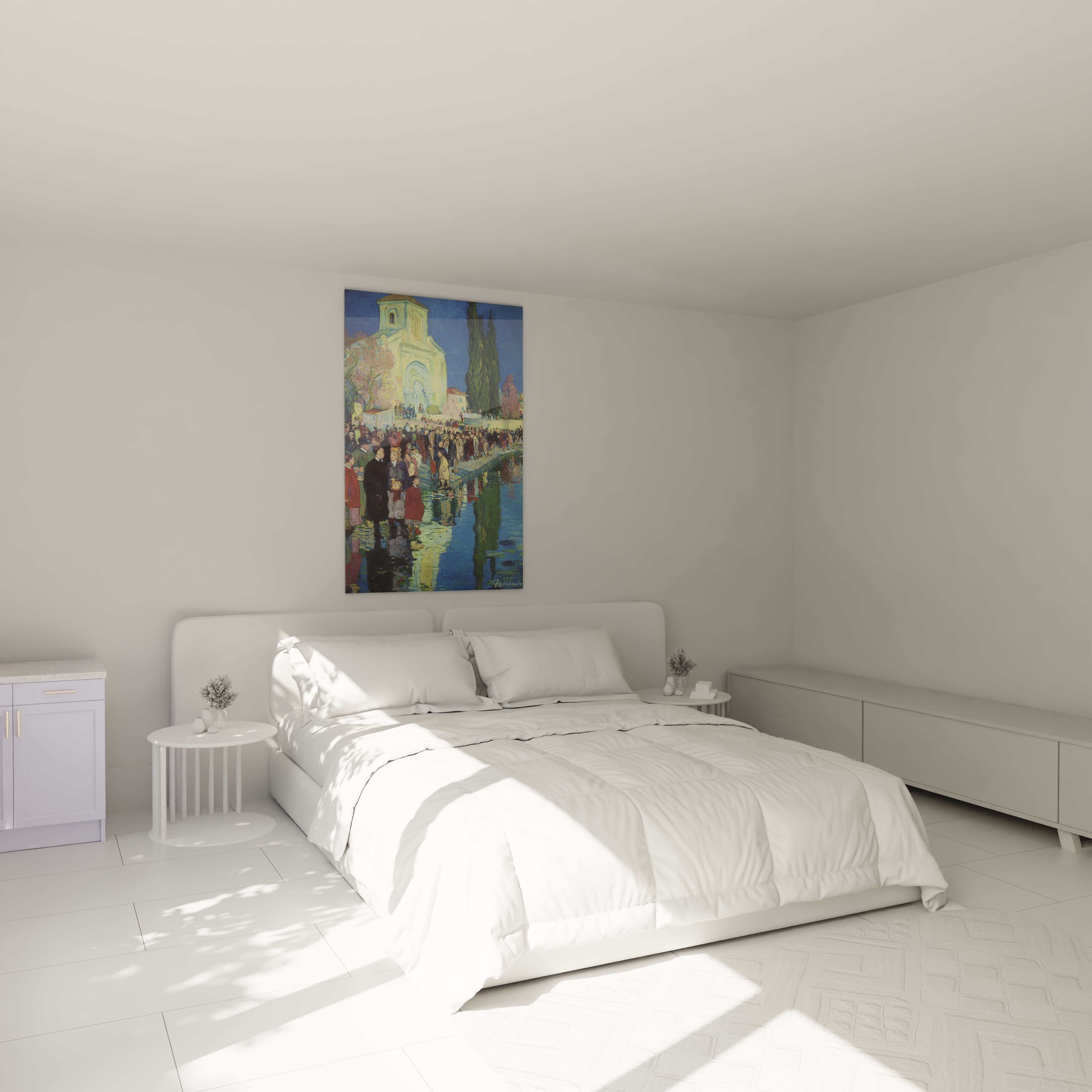 tableau post impressionniste foule silencieuse de Walensky accroché au mur d une chambre minimaliste blanche avec lit double